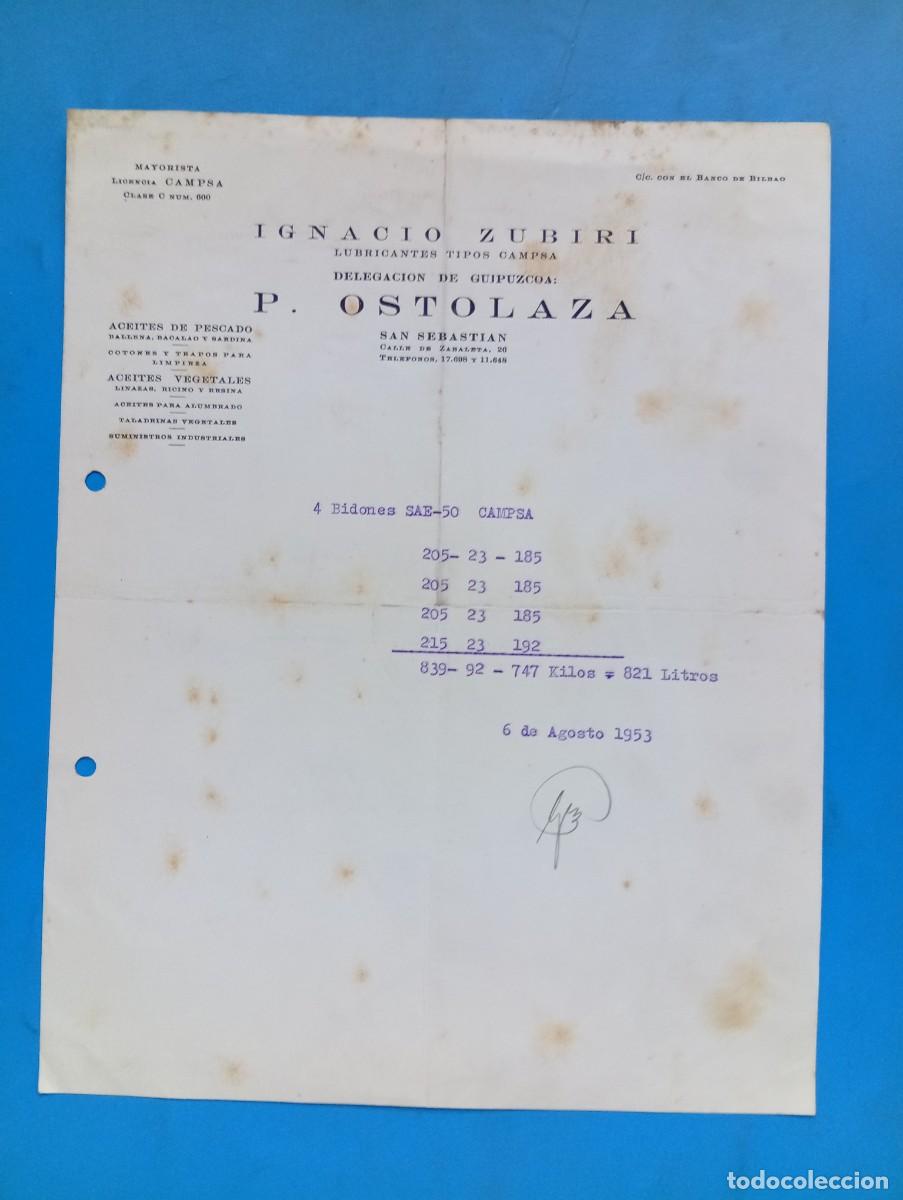 Cartas comerciales: CARTA COMERCIAL. SAN SEBASTIAN. 1953. LUBRICANTES TIPOS CAMPSA. IGANCIO ZUBIRI.