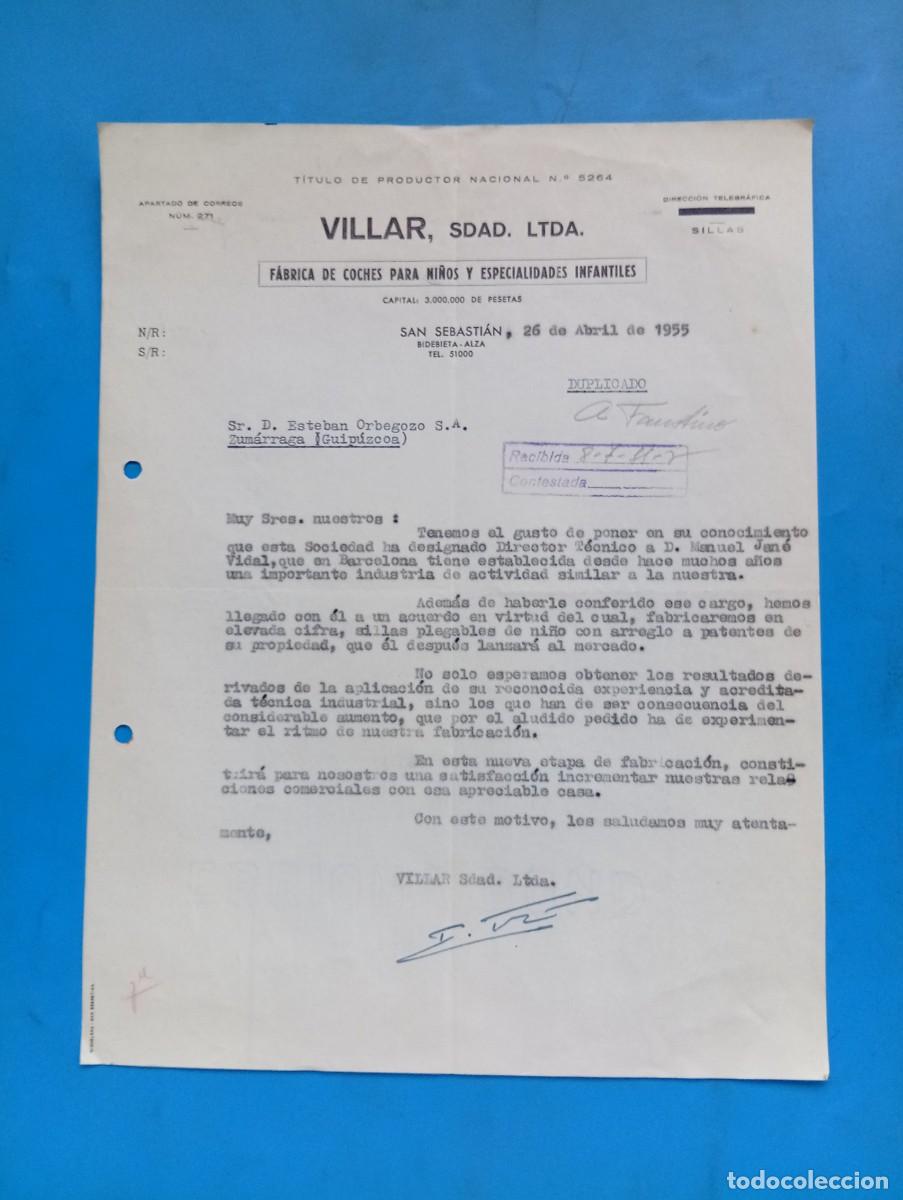 Cartas comerciales: CARTA COMERCIAL. SAN SEBASTIAN. 1955. FABRICA DE COCHES PARA NI&Ntilde;OS. VILLAR, SDAD. LTDA.