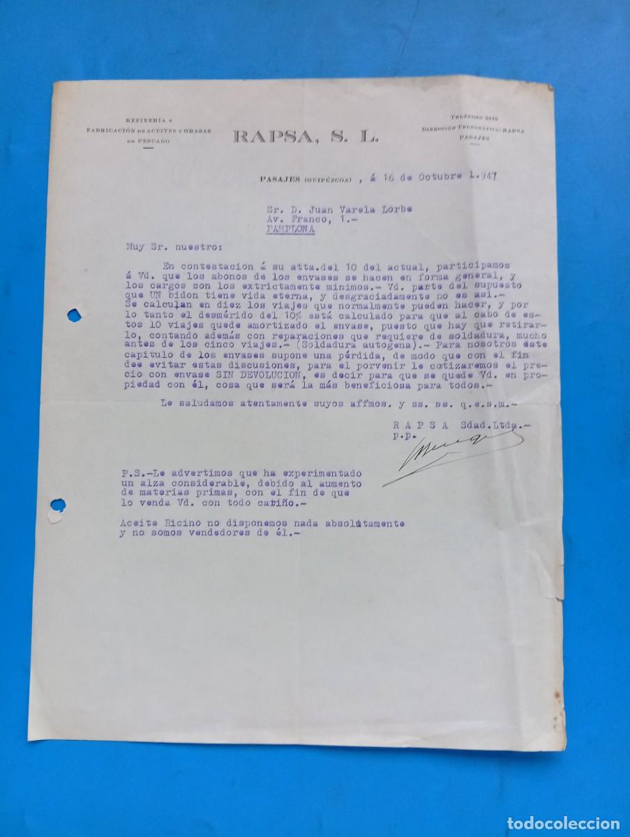 Cartas comerciales: CARTA COMERCIAL. PASAJES, GUIPUZCOA. 1947. REFINERIA Y FABRICACION DE ACEITES Y GRASAS. RAPSA, S.L.