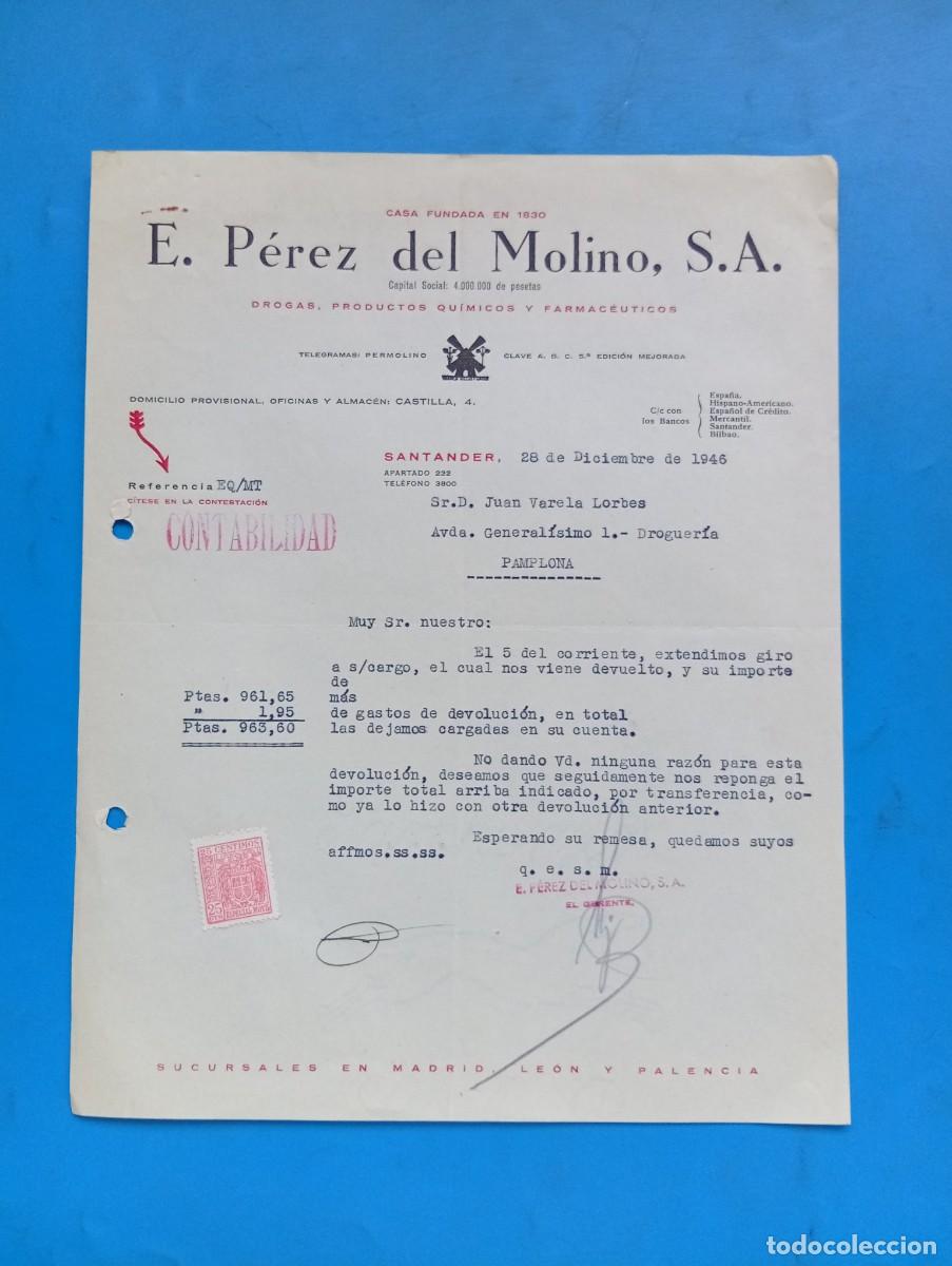 Cartas comerciales: CARTA COMERCIAL. SANTANDER. 1946. DROGAS-PRODUCTOS QUIMICOS-FARMACEUTICOS. E. PEREZ DEL MOLINO, S.A.