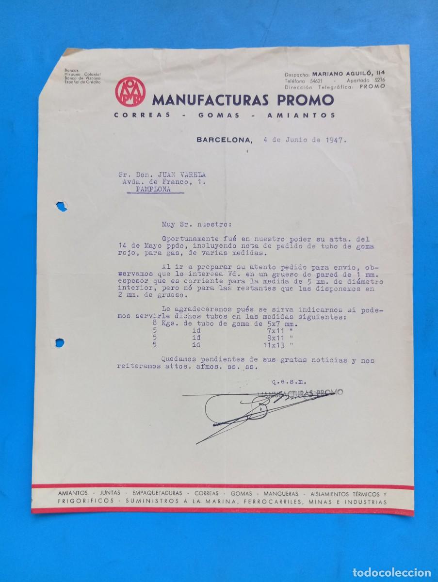 Cartas comerciales: CARTA COMERCIAL. BARCELONA. 1947. CORREAS-GOMAS-AMIANTOS. MANUFACTURAS PROMO.