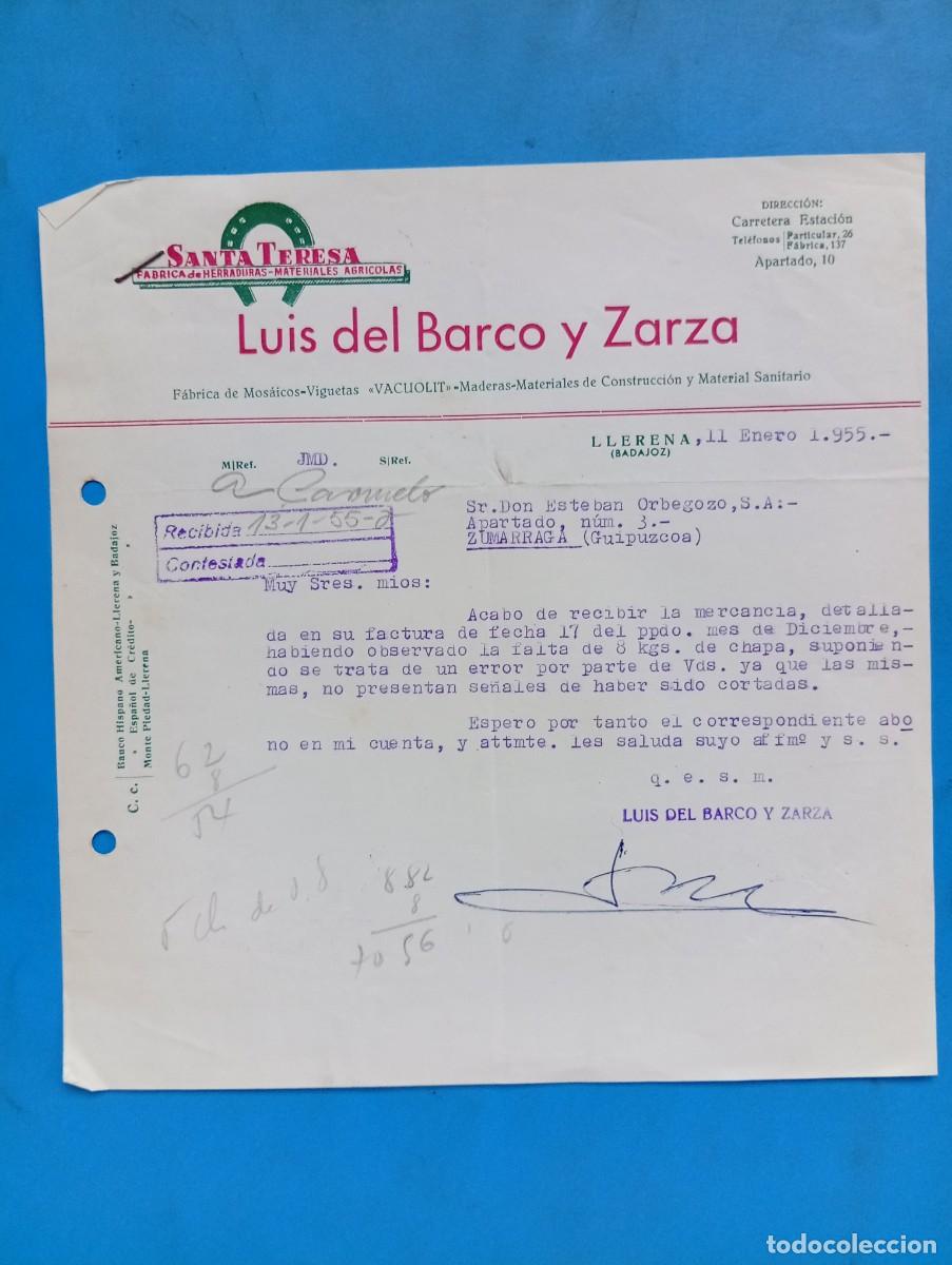 Cartas comerciales: CARTA COMERCIAL. LLERENA, BADAJOZ. 1955. FABRICA DE MOSAICOS. SANTA TERESA. LUIS DEL BARCO Y ZARZA.