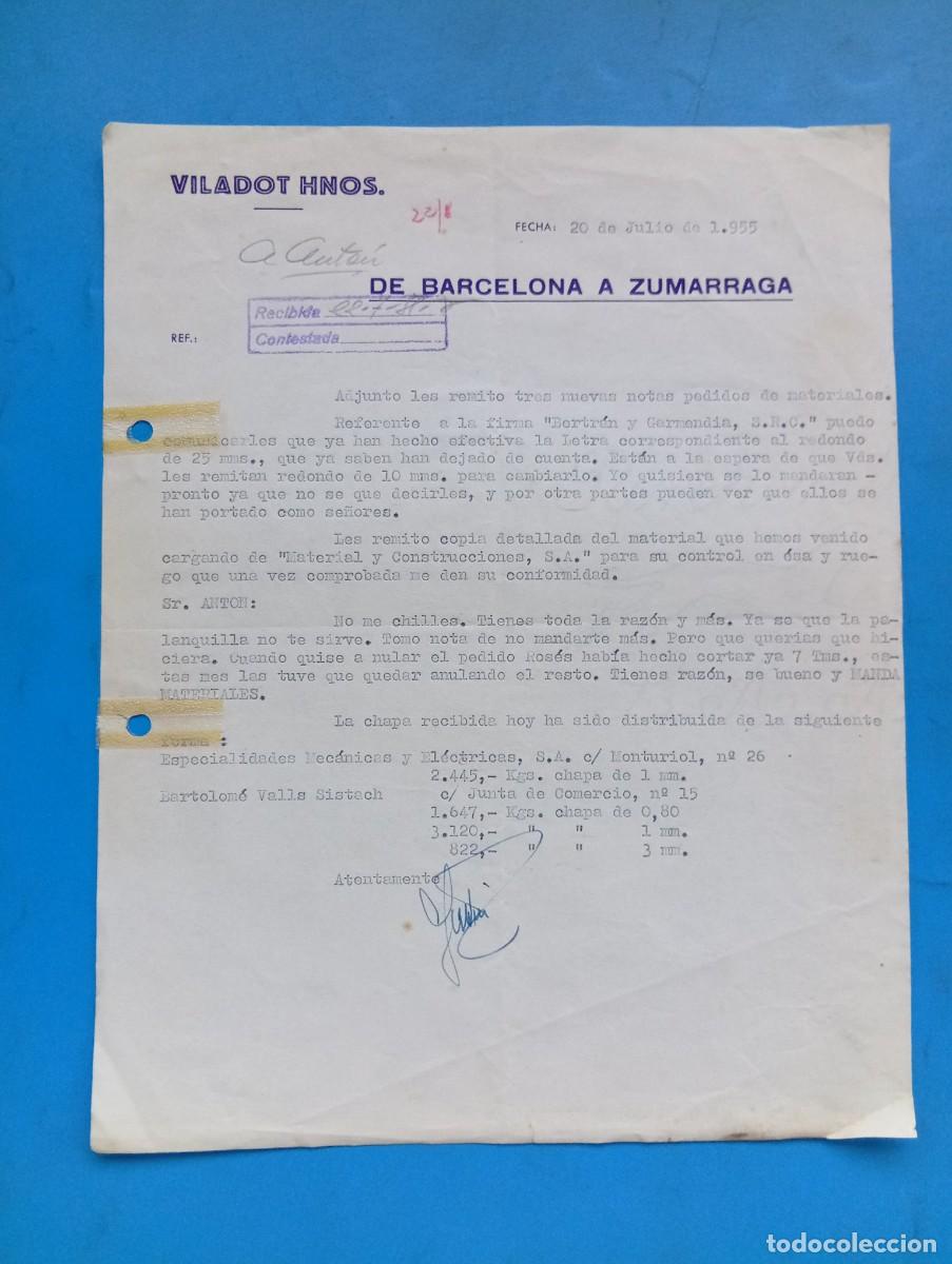 Cartas comerciales: CARTA COMERCIAL. DE BARCELONA A ZUMARRAGA. 1955. VILADOT HNOS.