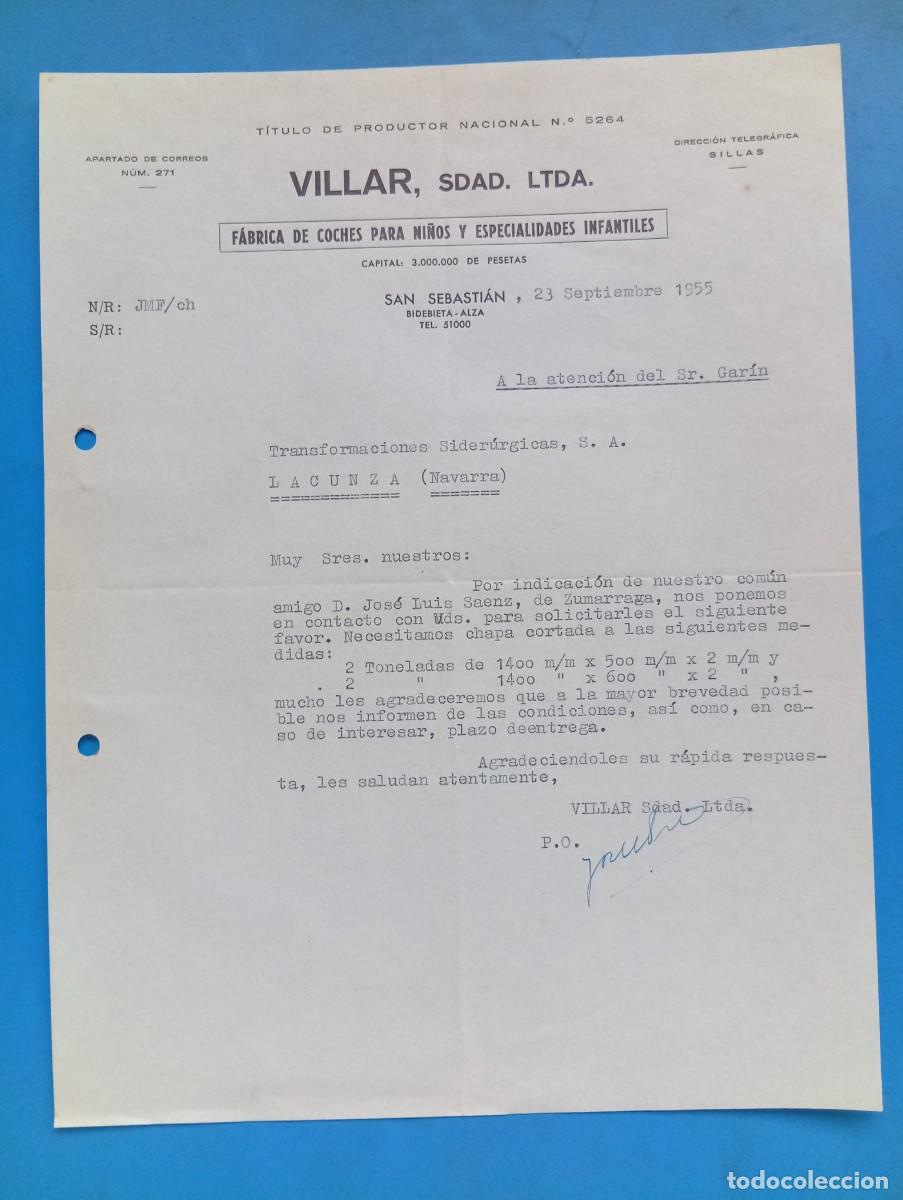 Cartas comerciales: CARTA COMERCIAL. SAN SEBASTIAN. 1955. FABRICA DE COCHES PARA NI&Ntilde;OS. VILLAR, SDAD. LTDA.