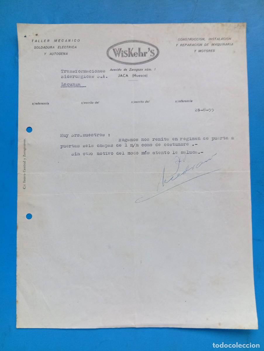 Cartas comerciales: CARTA COMERCIAL. JACA, HUESCA. 1955. TALLER MECANICO. SOLDADURA ELECTRONICA. WISKEHR'S.