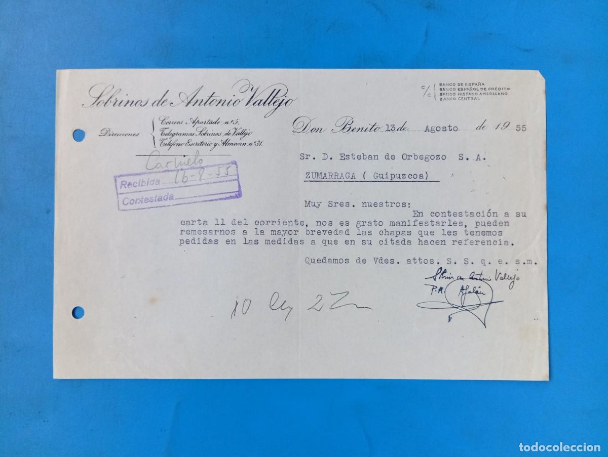 Cartas comerciales: CARTA COMERCIAL. DON BENITO, BADAJOZ. 1955. SOBRINOS DE ANTONIO VALLEJO.