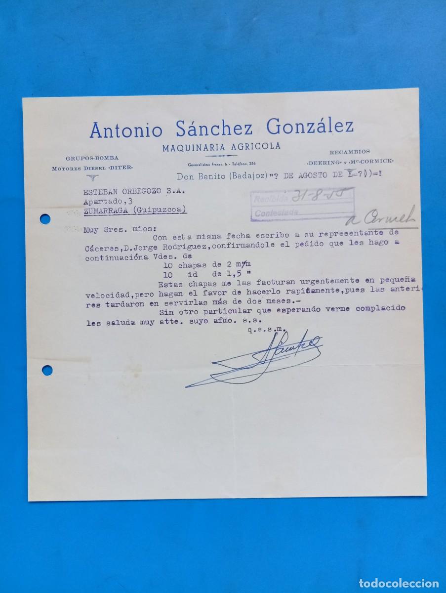Cartas comerciales: CARTA COMERCIAL. DON BENITO, BADAJOZ. 1955. MAQUINARIA AGRICOLA. ANTONIO SANCHEZ GONZALEZ.