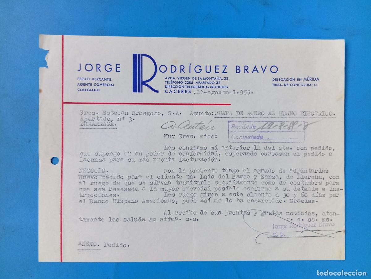 Cartas comerciales: CARTA COMERCIAL. CACERES. 1955. JORGE RODRIGUEZ BRAVO. PERITO MERCANTIL. AGENTE COMERCIAL COLEGIADO.