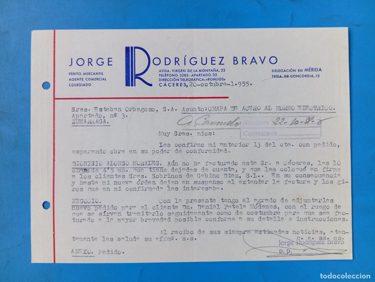 Cartas comerciales: CARTA COMERCIAL. CACERES. 1955. JORGE RODRIGUEZ BRAVO. PERITO MERCANTIL. AGENTE COMERCIAL COLEGIADO.