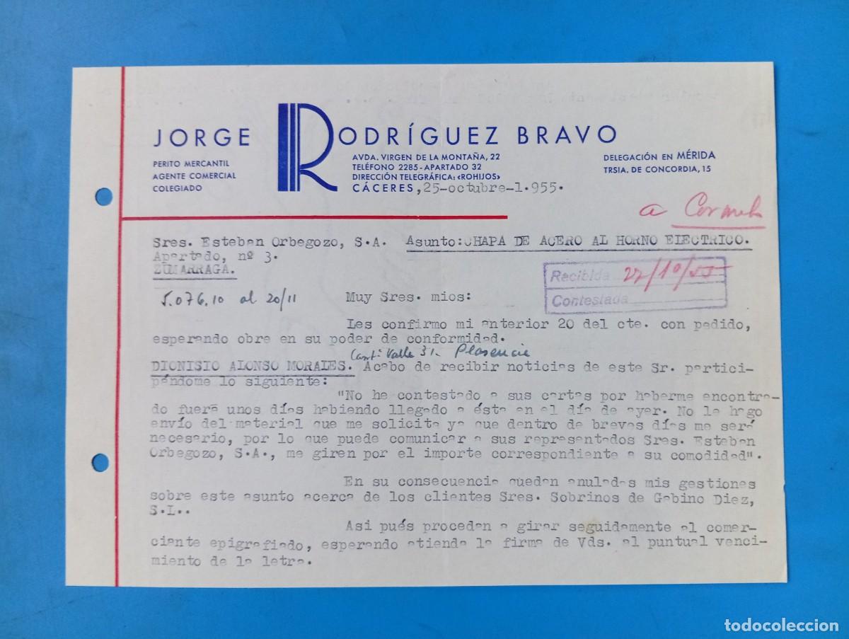 Cartas comerciales: CARTA COMERCIAL. CACERES. 1955. JORGE RODRIGUEZ BRAVO. PERITO MERCANTIL. AGENTE COMERCIAL COLEGIADO.