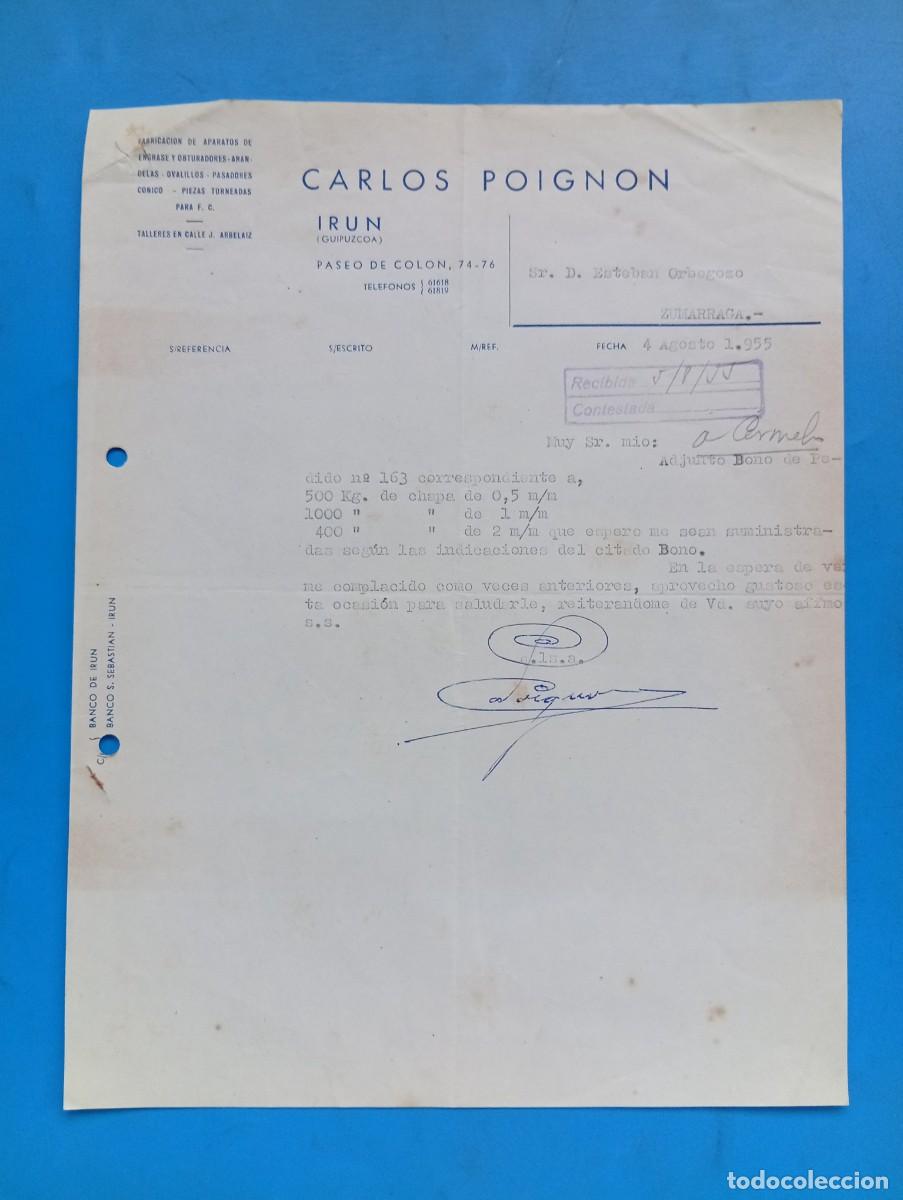 Cartas comerciales: CARTA COMERCIAL. IRUN, GUPUZCOA. 1955. FABRICACION DE APARATOS DE ENGRASE. CARLOS POIGNON.