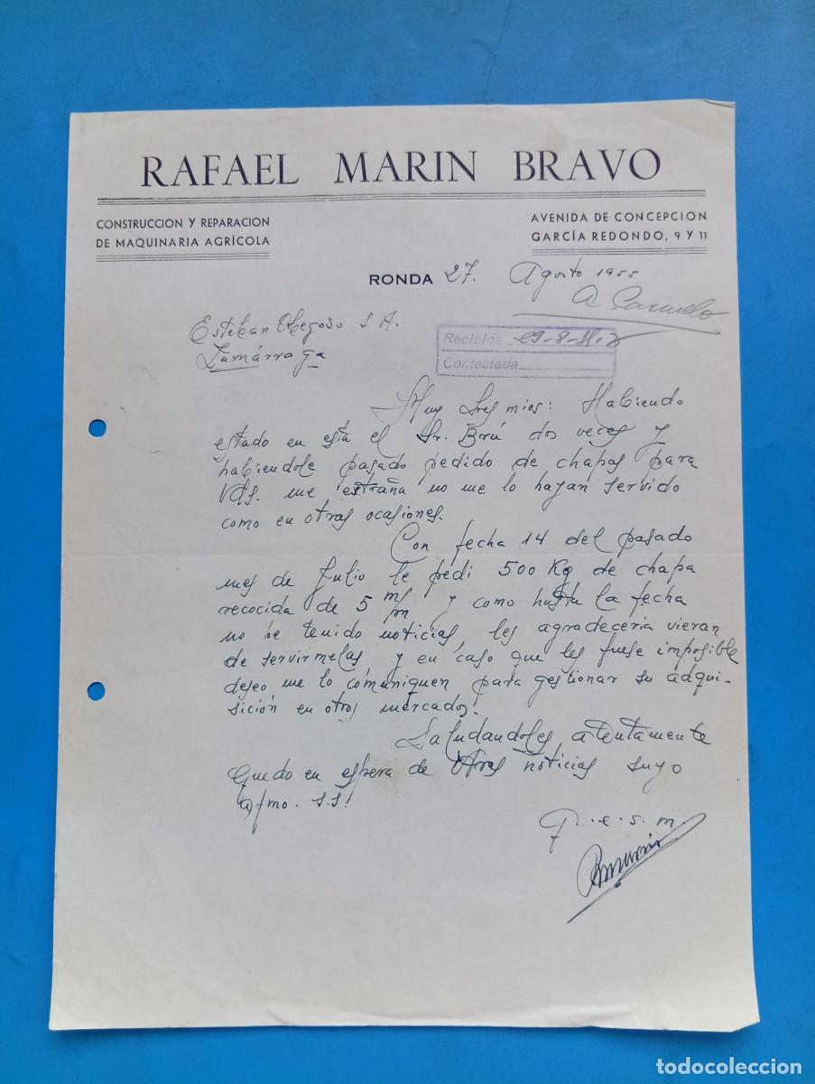 Cartas comerciales: CARTA COMERCIAL. RONDA. 1955. CONSTRUCCION Y REPARACION DE MAQUINARIA AGRICOLA. RAFAEL MARIN BRAVO.