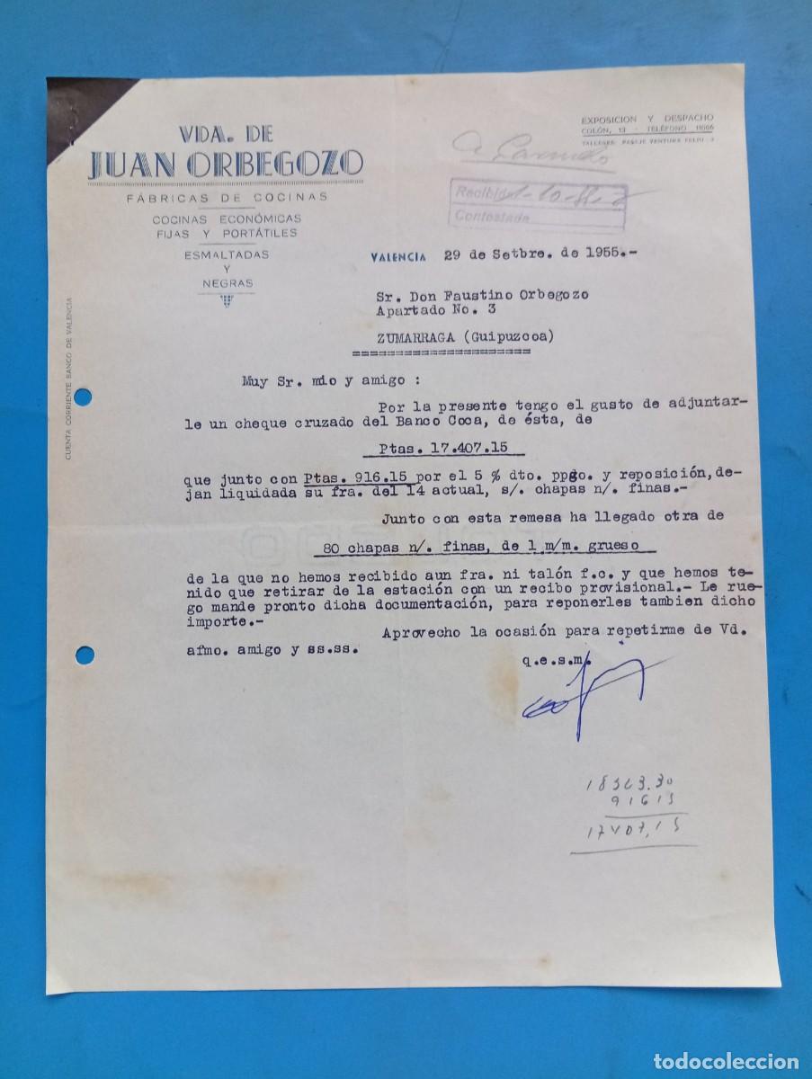 Cartas comerciales: CARTA COMERCIAL. VALENCIA. 1955. FABRICA DE COCINAS. VDA. DE JUAN ORBEGOZO.