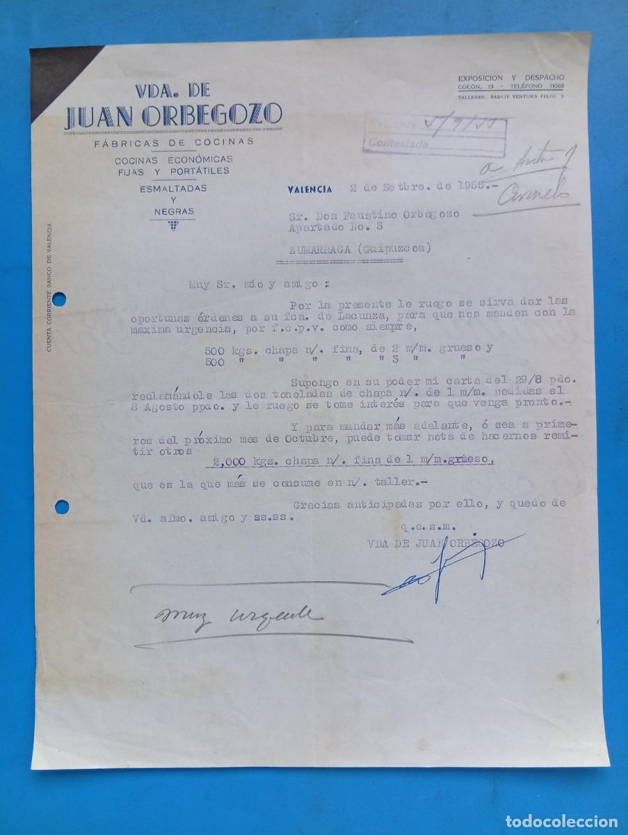 Cartas comerciales: CARTA COMERCIAL. VALENCIA. 1955. FABRICA DE COCINAS. VDA. DE JUAN ORBEGOZO.