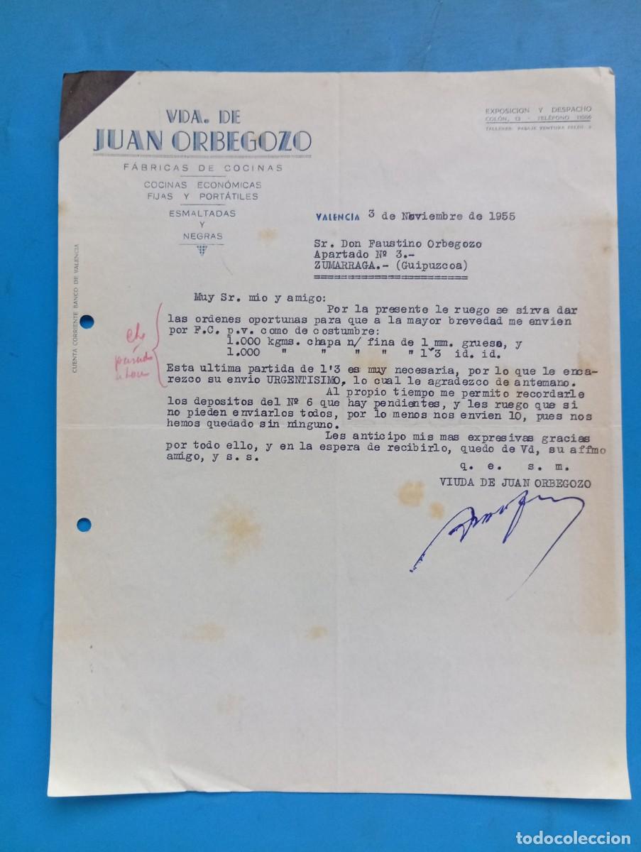 Cartas comerciales: CARTA COMERCIAL. VALENCIA. 1955. FABRICA DE COCINAS. VDA. DE JUAN ORBEGOZO.