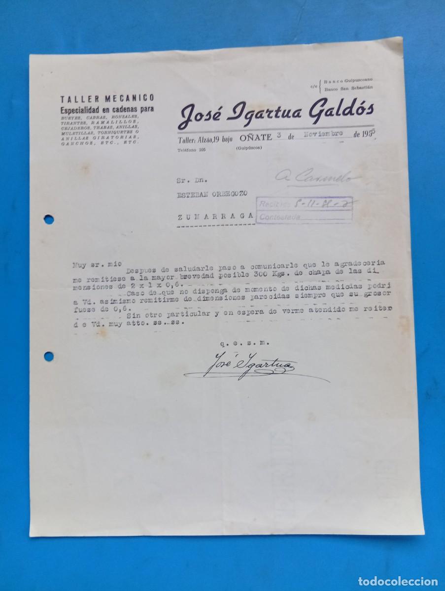 Cartas comerciales: CARTA COMERCIAL. O&Ntilde;ATE, GUIPUZCOA. 1955. TALLER MECANICO. JOSE IGARTUA GALDOS.