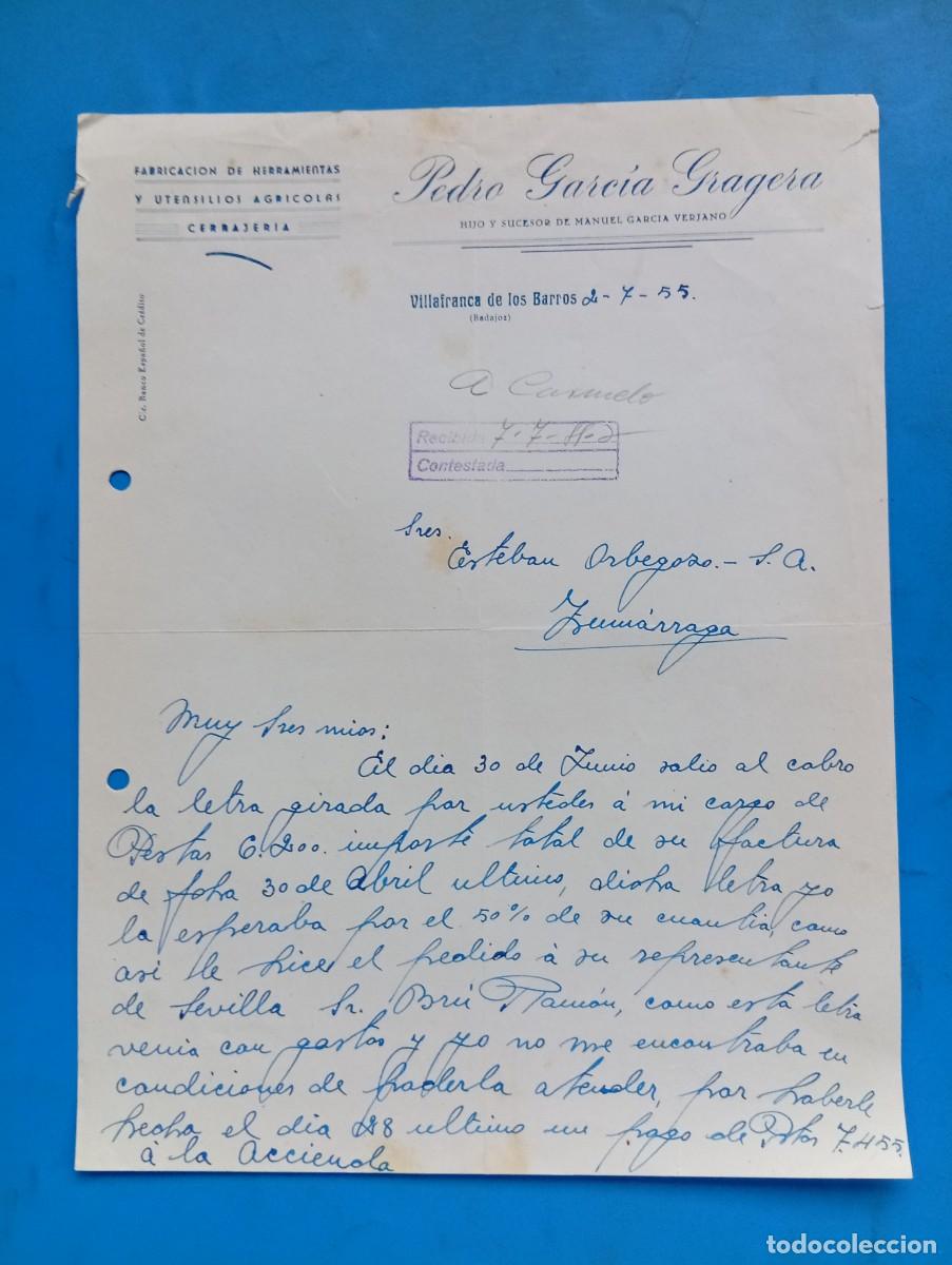 Cartas comerciales: CARTA COMERCIAL. VILLAGARCIA DE LOS BARROS, BADAJOZ. 1955. FABRICACION DE HERRAMIENTAS. PEDRO GARCIA