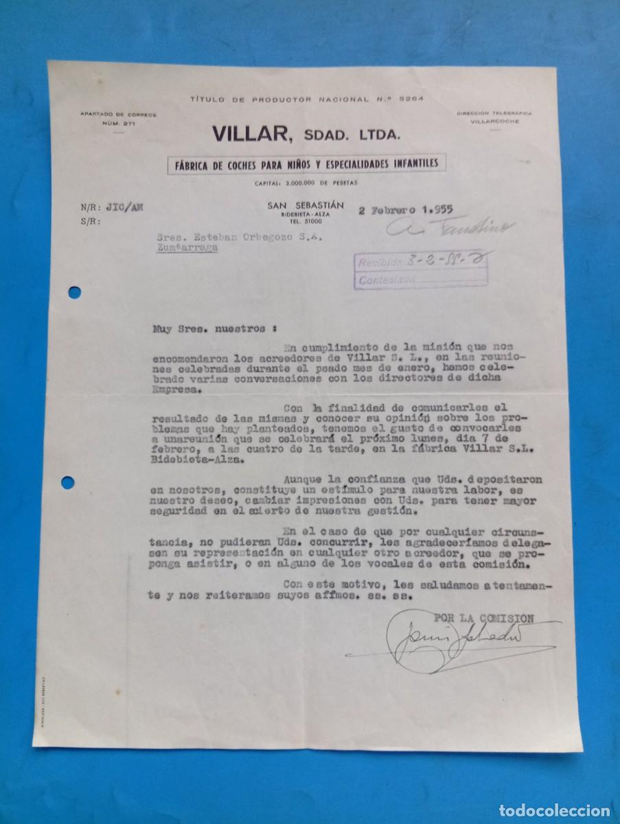 Cartas comerciales: CARTA COMERCIAL. SAN SEBASTIAN. 1955. FABRICA DE COCHES PARA NI&Ntilde;OS. VILLAR, SDAD. LTDA.