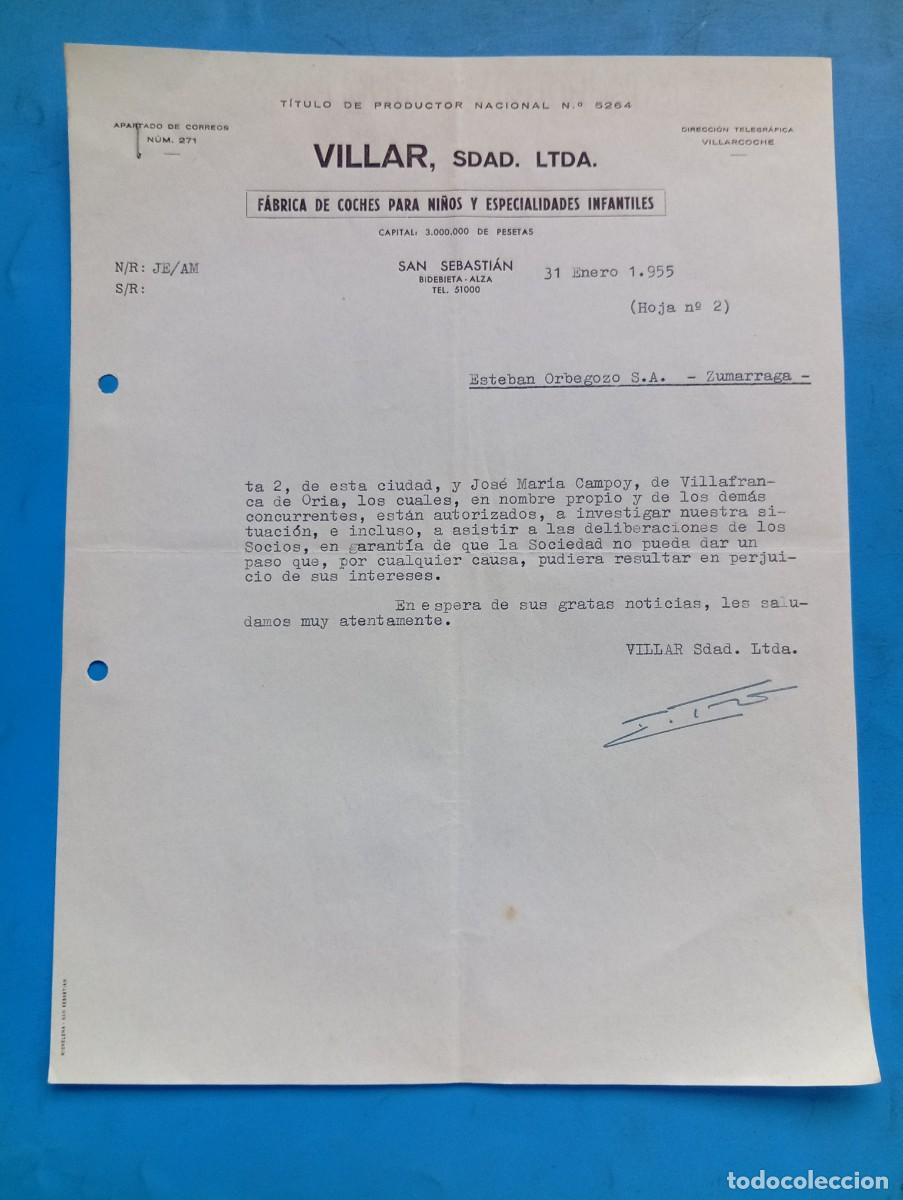 Cartas comerciales: CARTA COMERCIAL. SAN SEBASTIAN. 1955. FABRICA DE COCHES PARA NI&Ntilde;OS. VILLAR, SDAD. LTDA.