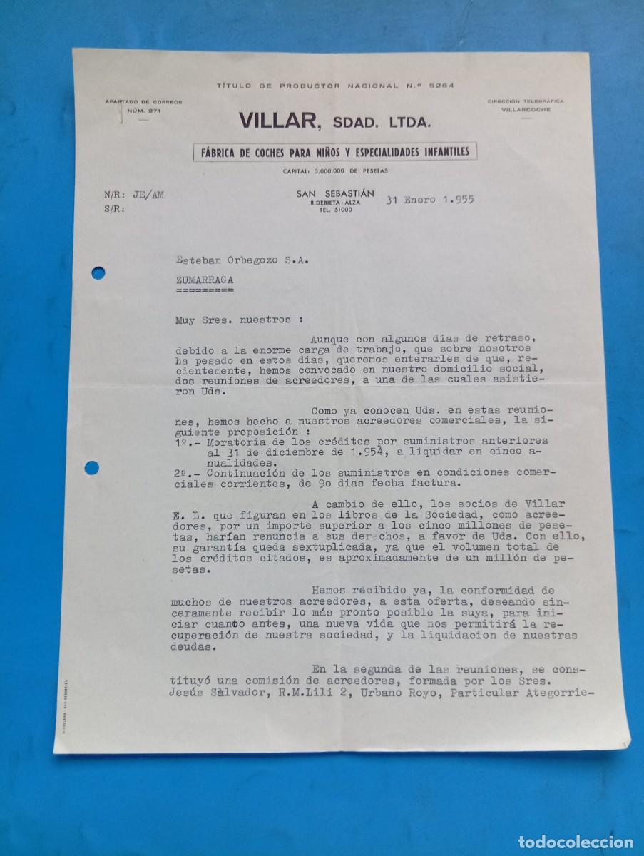 Cartas comerciales: CARTA COMERCIAL. SAN SEBASTIAN. 1955. FABRICA DE COCHES PARA NI&Ntilde;OS. VILLAR, SDAD. LTDA.