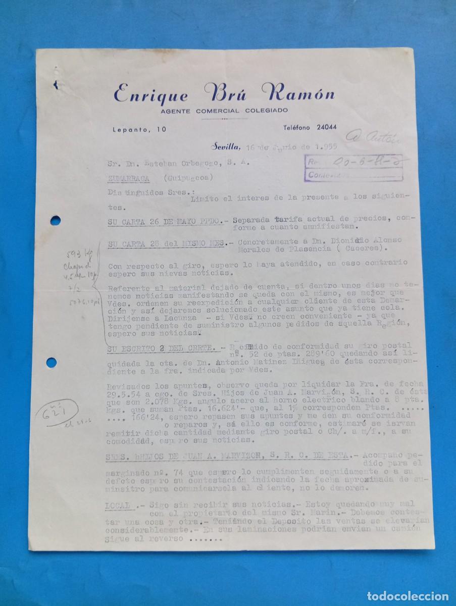 Cartas comerciales: CARTA COMERCIAL. SEVILLA. 1955. ENRIQUE BRU RAMON. AGENTE COMERCIAL COLEGIADO.