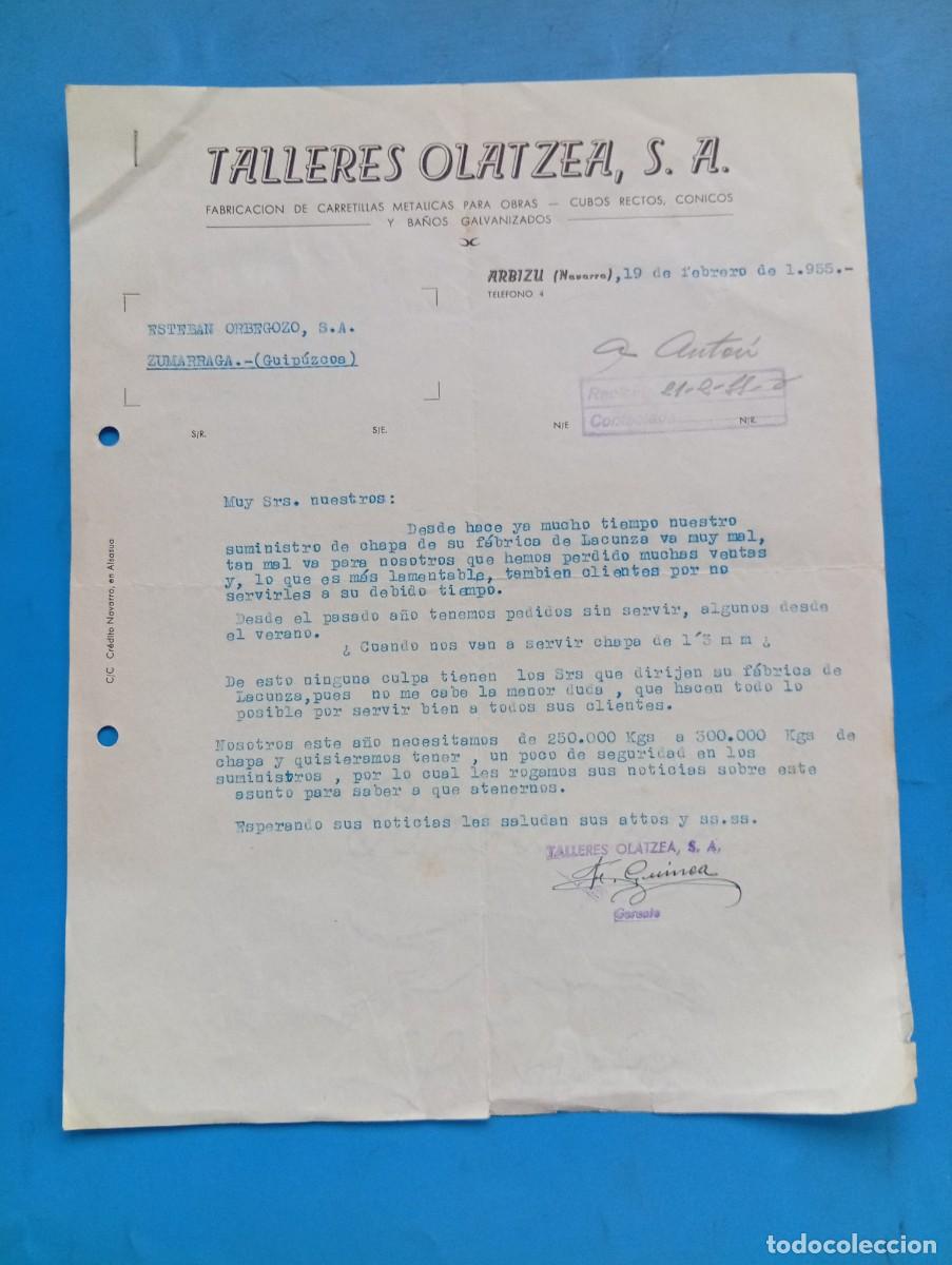 Cartas comerciales: CARTA COMERCIAL. ARBIZU, NAVARRA. 1955. TALLERES OLATZEA, S.A. FABRICACION DE CARRETILLAS METALICAS.