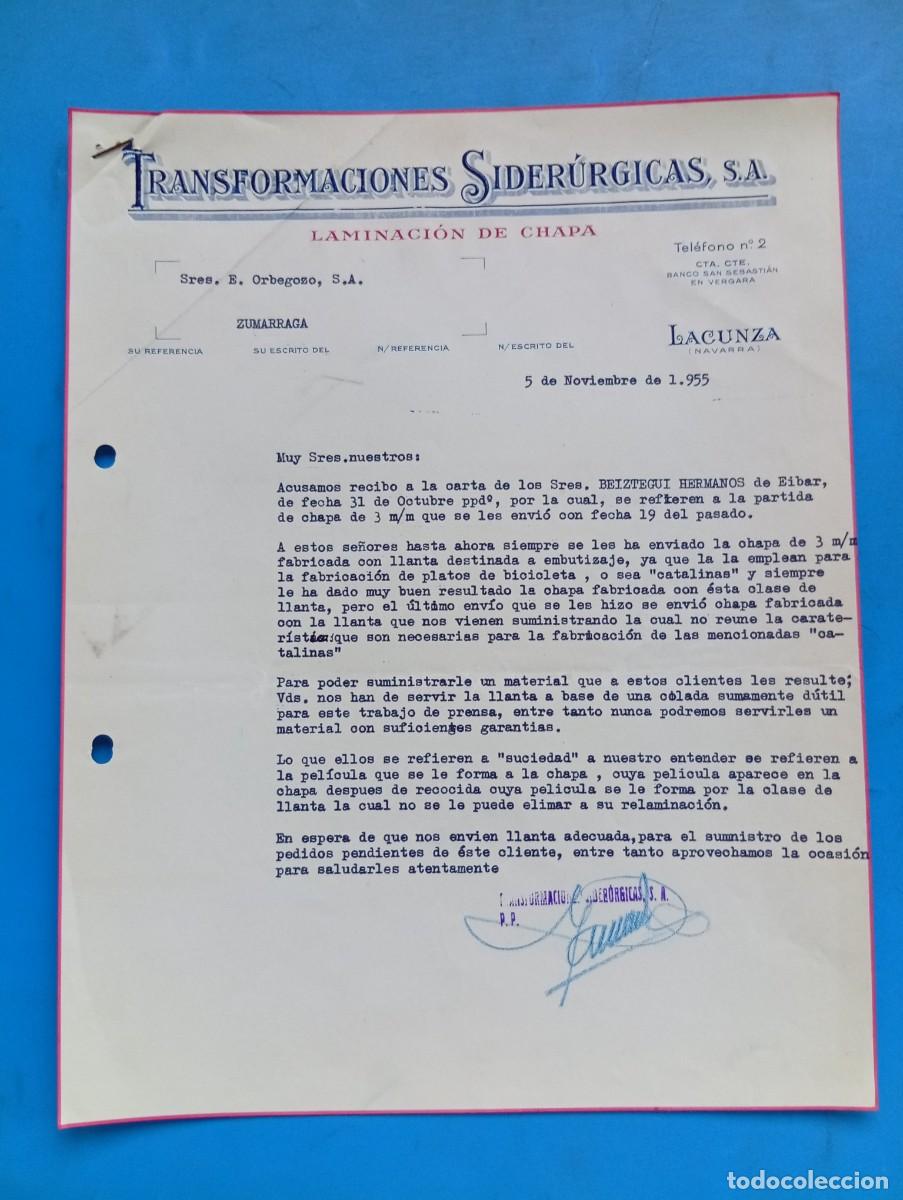 Cartas comerciales: CARTA COMERCIAL. LACUNZA, NAVARRA. 1955. TRANSFORMACIONES SIDERURGICAS, S.A. LAMINACION DE CHAPA.