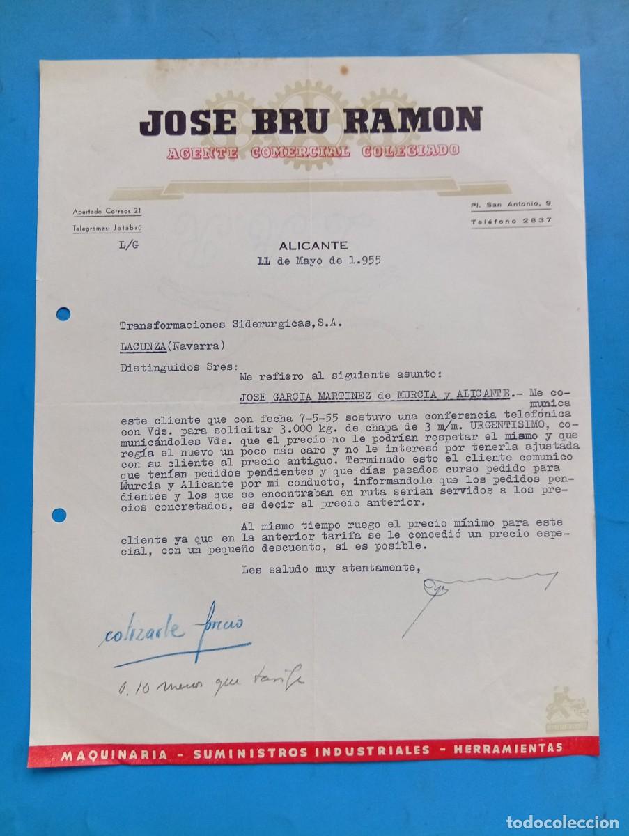 Cartas comerciales: CARTA COMERCIAL. ALICANTE. 1955. JOSE BRU RAMON. AGENTE COMERCIAL COLEGIADO.