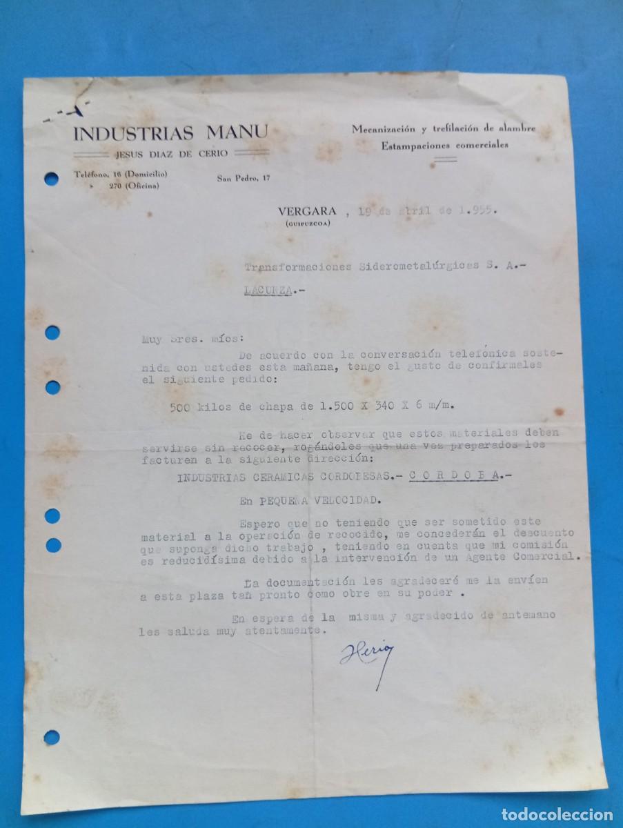 Cartas comerciales: CARTA COMERCIAL. VERGARA, GUIPIZCOA. 1955. INDUSTRIAS MANU. JESUS DIAZ DE CERIO.
