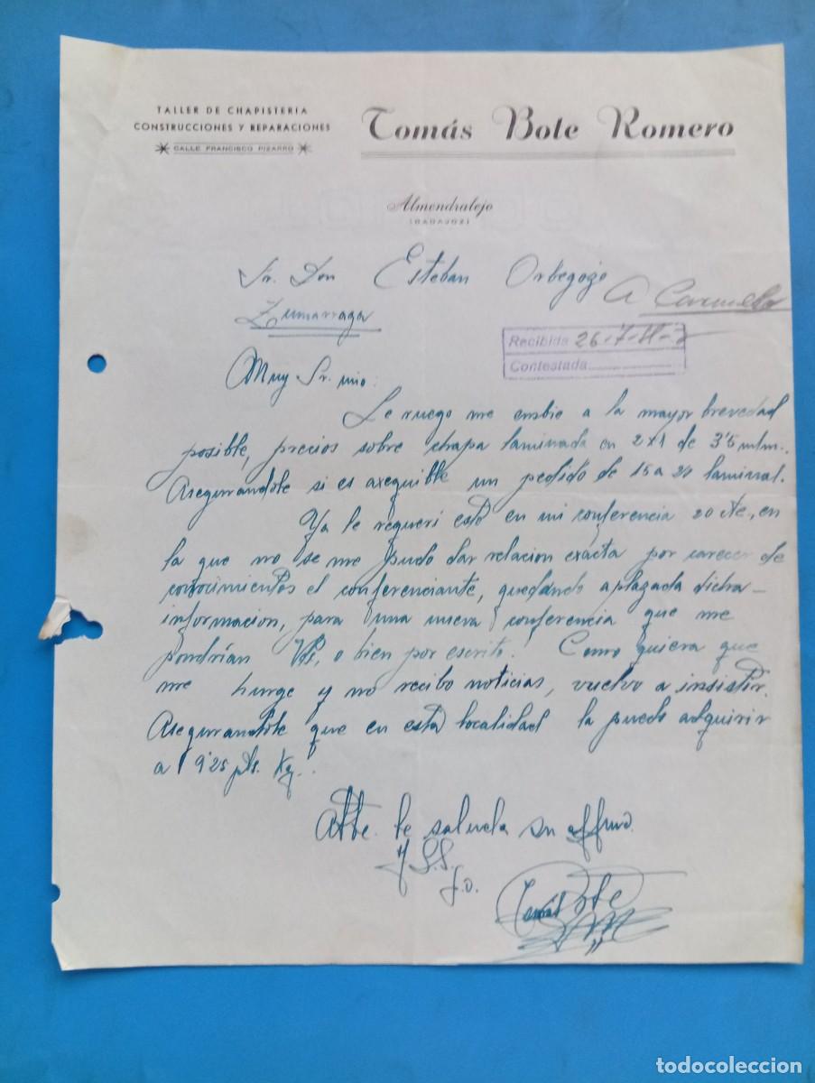 Cartas comerciales: CARTA COMERCIAL. ALMENDRALEJO, BADAJOZ. 1955. TALLER DE CHAPISTERIA. TOMAS BOTE ROMERO.