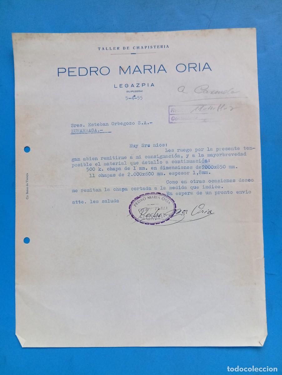 Cartas comerciales: CARTA COMERCIAL. LEGAZPIA, GUIPUZCOA. 1955. TALLER DE CHAPISTERIA. PEDRO MARIA ORIA.