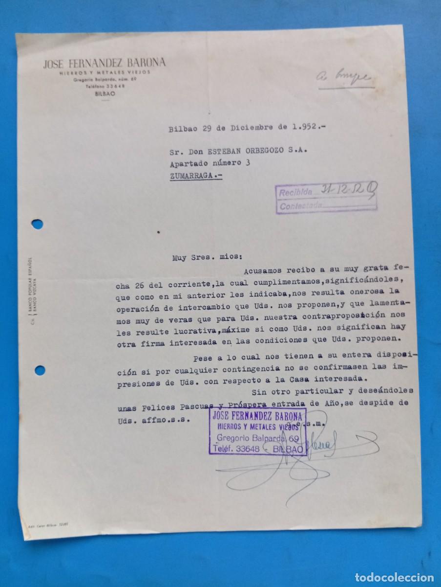 Cartas comerciales: CARTA COMERCIAL. BILBAO. 1952. HIERROS Y METALES VIEJOS. JOSE FERNANDEZ BARONA.