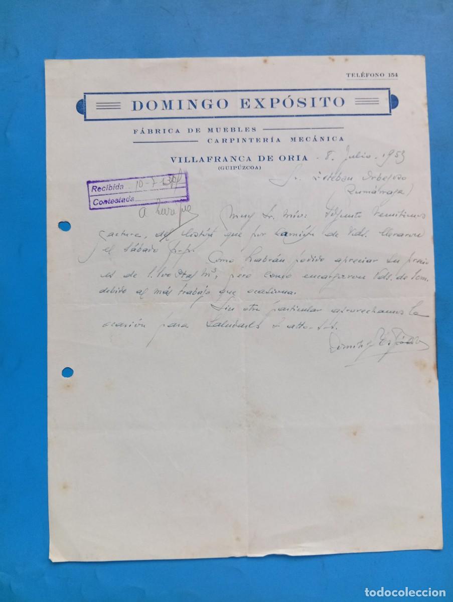 Cartas comerciales: CARTA COMERCIAL. VILLAFRANCA DE ORIA, GUIPUZCOA. 1953. FABRICA DE MUEBLES. DOMINGO EXPOSITO.