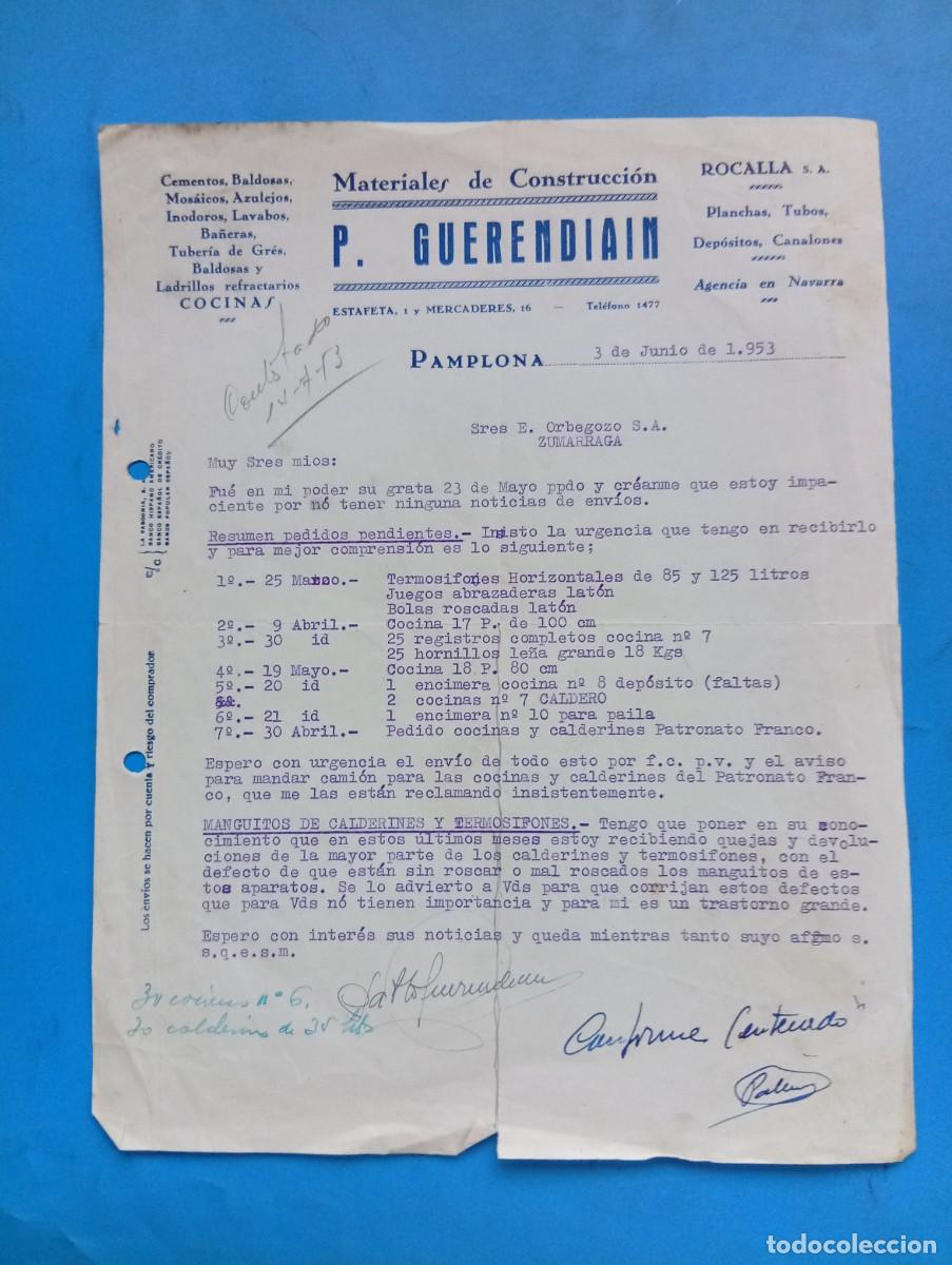 Cartas comerciales: CARTA COMERCIAL. PAMPLONA. 1953. MATERIALES DE CONSTRUCCION. P. GUERENDIAIN.