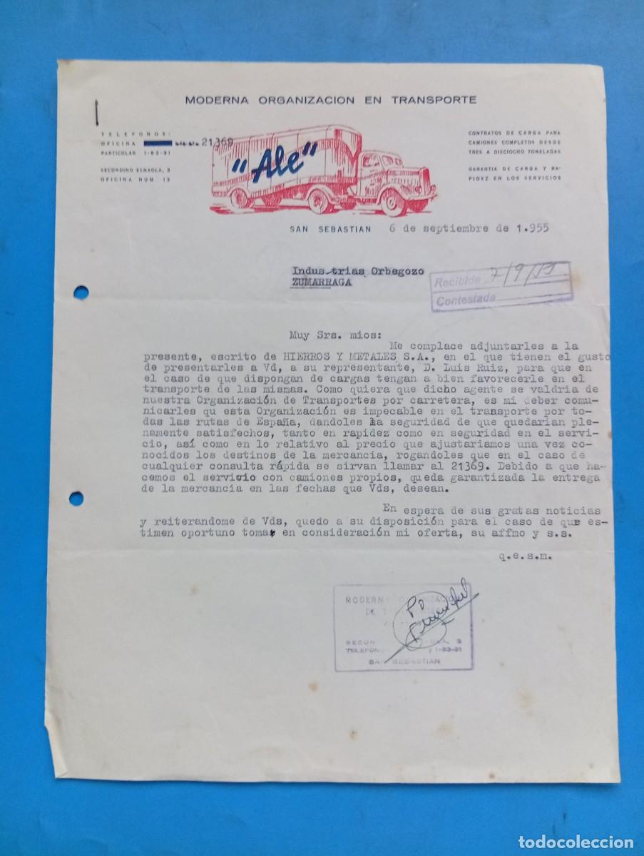 Cartas comerciales: CARTA COMERCIAL. SAN SEBASTIAN. 1955. MODERNA ORGANIZACION EN TRANSPORTE. ALE.