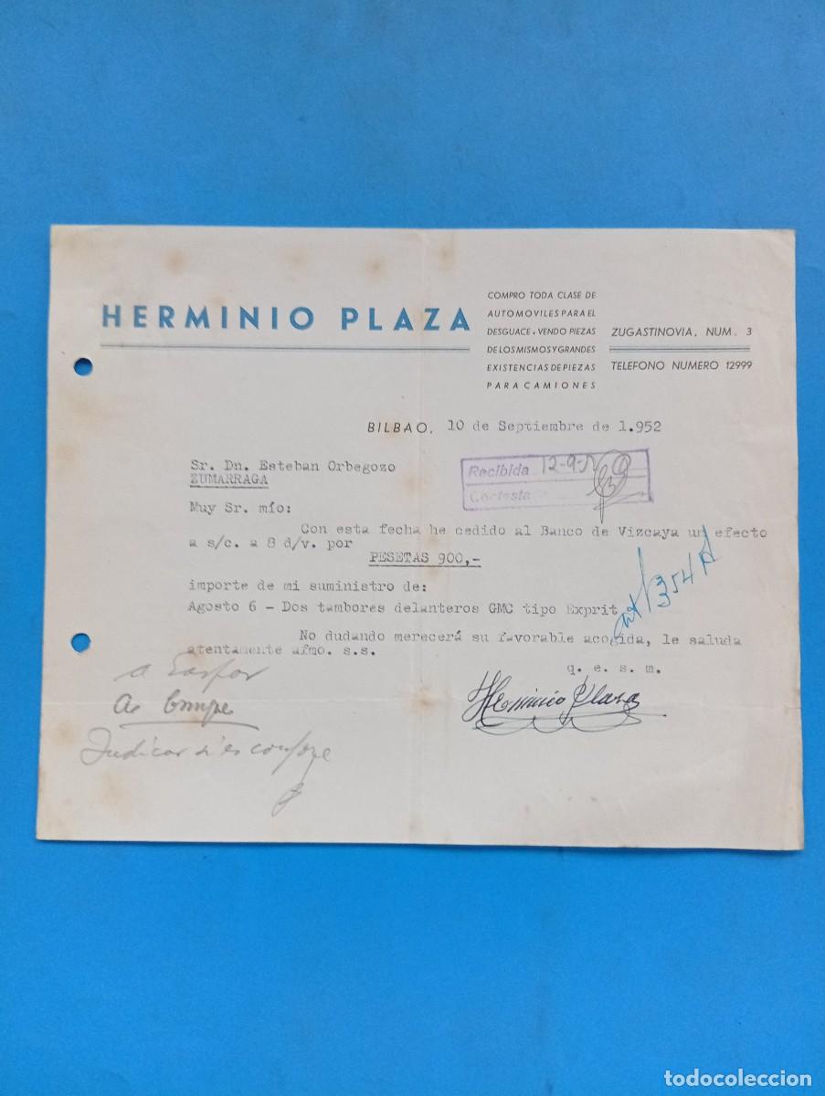 Cartas comerciales: CARTA COMERCIAL. BILBAO. 1952. HERMINIO PLAZA. COMPRO TODA CLASE DE AUTOMOVILES PARA DESGUACE.