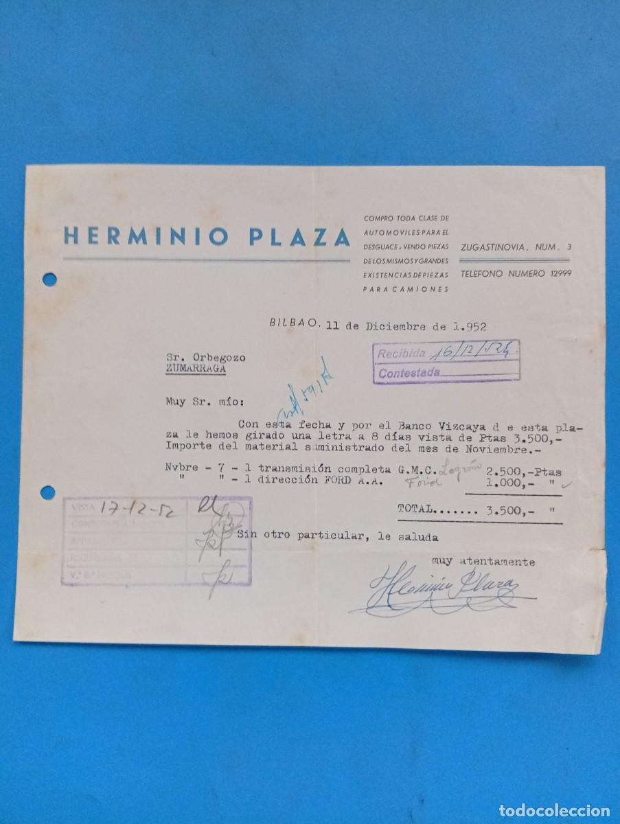 Cartas comerciales: CARTA COMERCIAL. BILBAO. 1952. HERMINIO PLAZA. COMPRO TODA CLASE DE AUTOMOVILES PARA DESGUACE.