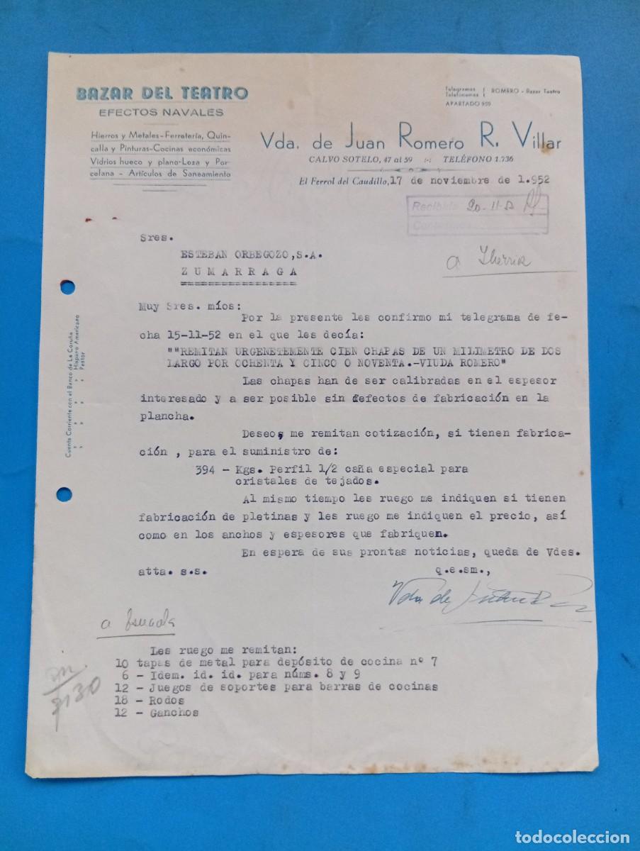 Cartas comerciales: CARTA COMERCIAL. EL FERROL DEL CAUDILLO. 1952. BAZAR DEL TEATRO. VDA. DE JUAN ROMERO R. VILLAR.
