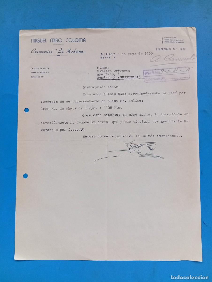 Cartas comerciales: CARTA COMERCIAL. ALCOY, ALICANTE. 1955. CARROCERIAS LA MODERNA. MIGUEL MIRO COLOMA.
