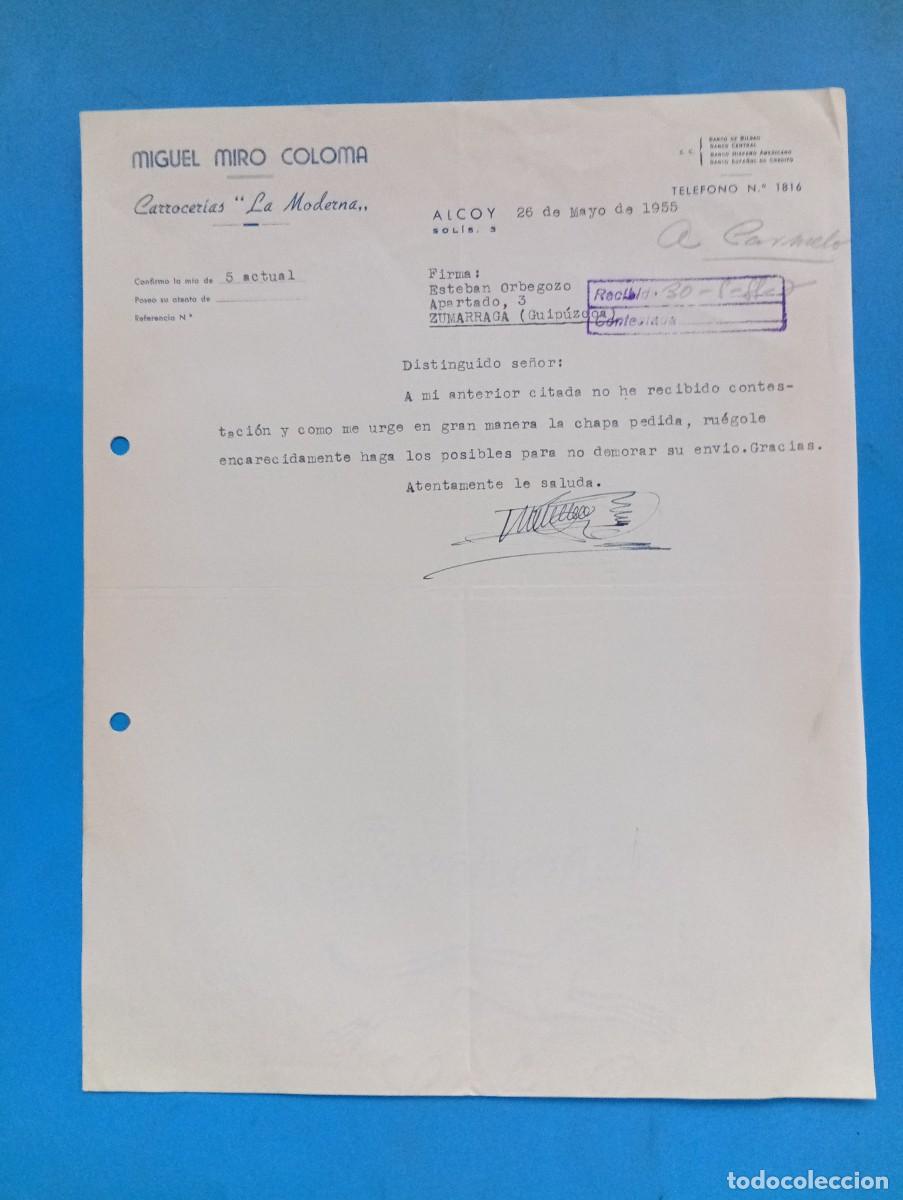 Cartas comerciales: CARTA COMERCIAL. ALCOY, ALICANTE. 1955. CARROCERIAS LA MODERNA. MIGUEL MIRO COLOMA.