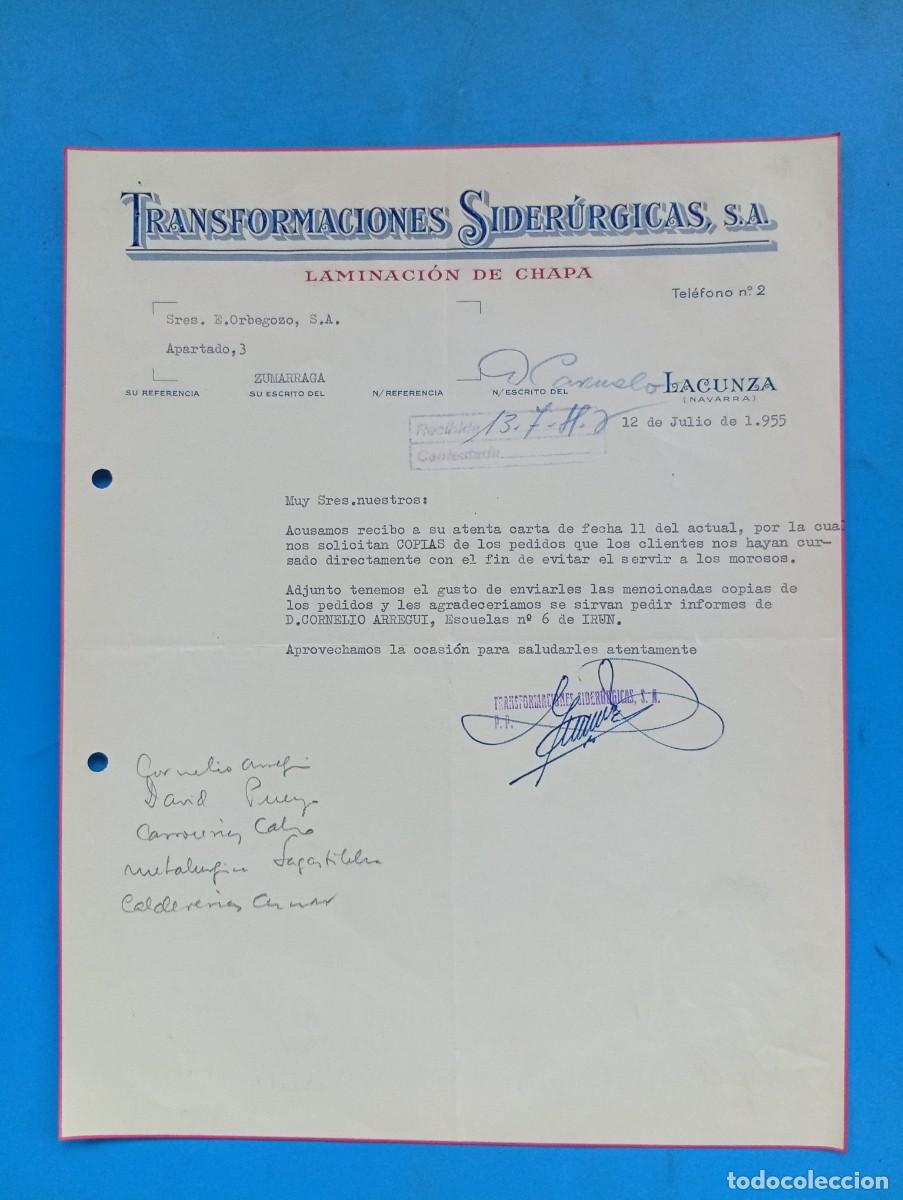 Cartas comerciales: CARTA COMERCIAL. LACUNZA, NAVARRA. 1955. TRANSFORMACIONES SIDERURGICAS, S.A. LAMINACION DE CHAPA.