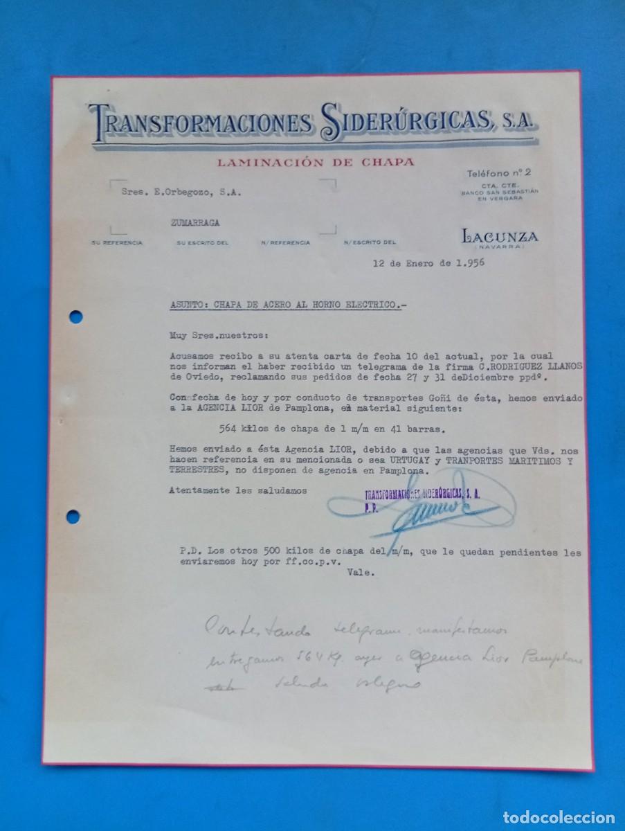 Cartas comerciales: CARTA COMERCIAL. LACUNZA, NAVARRA. 1956. TRANSFORMACIONES SIDERURGICAS, S.A. LAMINACION DE CHAPA.