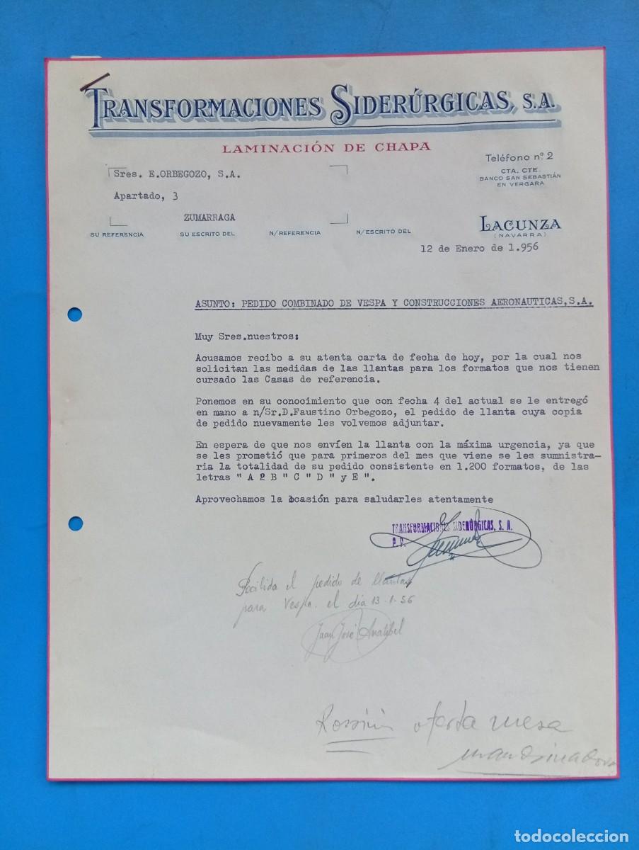 Cartas comerciales: CARTA COMERCIAL. LACUNZA, NAVARRA. 1956. TRANSFORMACIONES SIDERURGICAS, S.A. LAMINACION DE CHAPA.