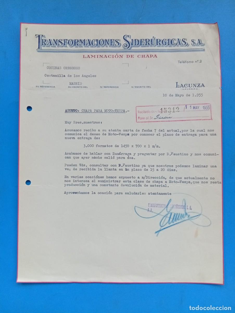 Cartas comerciales: CARTA COMERCIAL. LACUNZA, NAVARRA. 1955. TRANSFORMACIONES SIDERURGICAS, S.A. LAMINACION DE CHAPA.