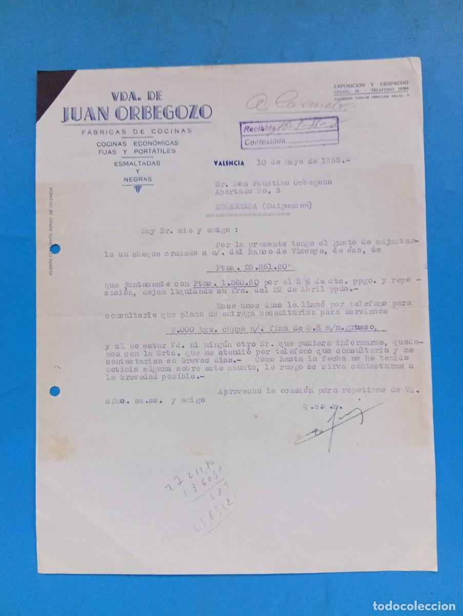 Cartas comerciales: CARTA COMERCIAL. VALENCIA. 1955. FABRICA DE COCINAS. VDA. DE JUAN ORBEGOZO.