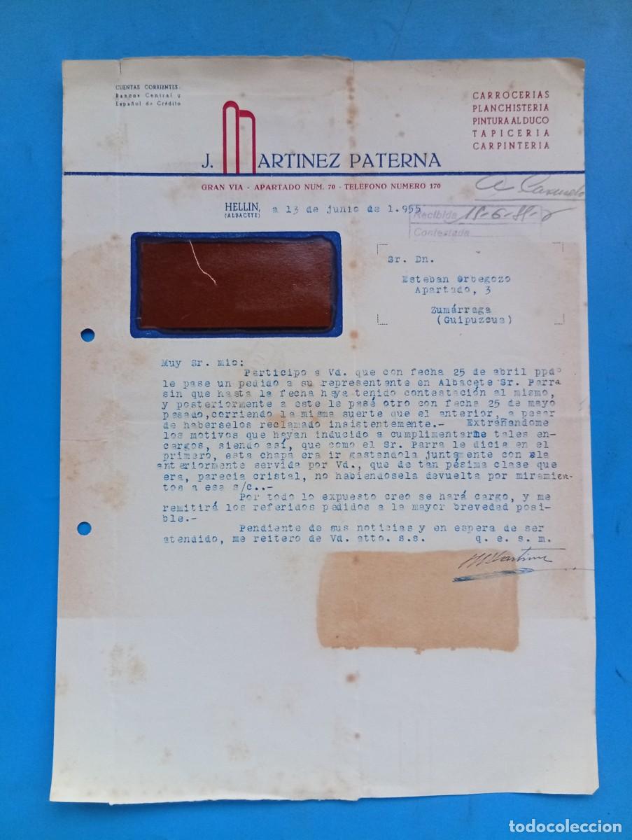 Cartas comerciales: CARTA COMERCIAL. HELLIN, ALBACETE. 1955. CARROCERIAS-PLANCHISTERIA. J. MARTINEZ PATERNA.