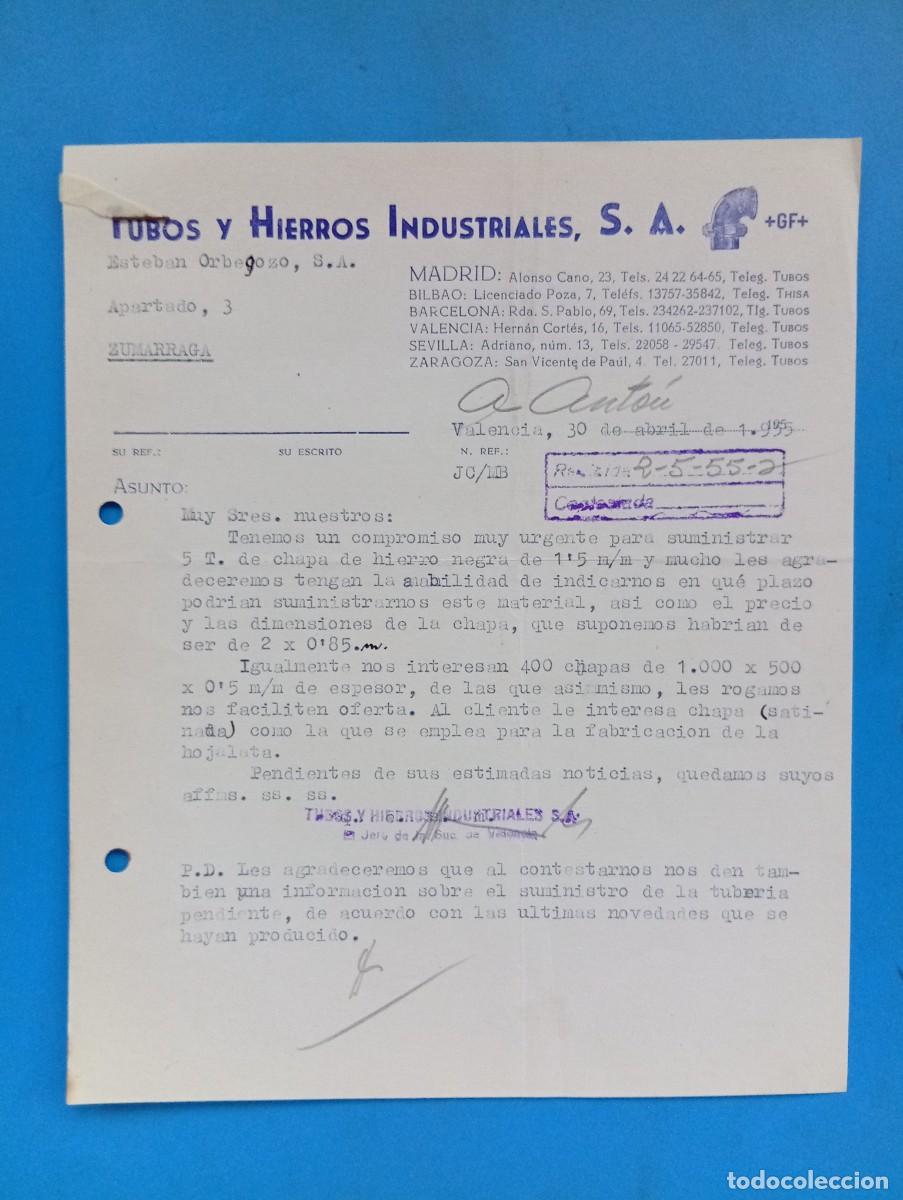 Cartas comerciales: CARTA COMERCIAL. VALENCIA. 1955. TUBOS Y HIERROS INDUSTRIALES, S.A.