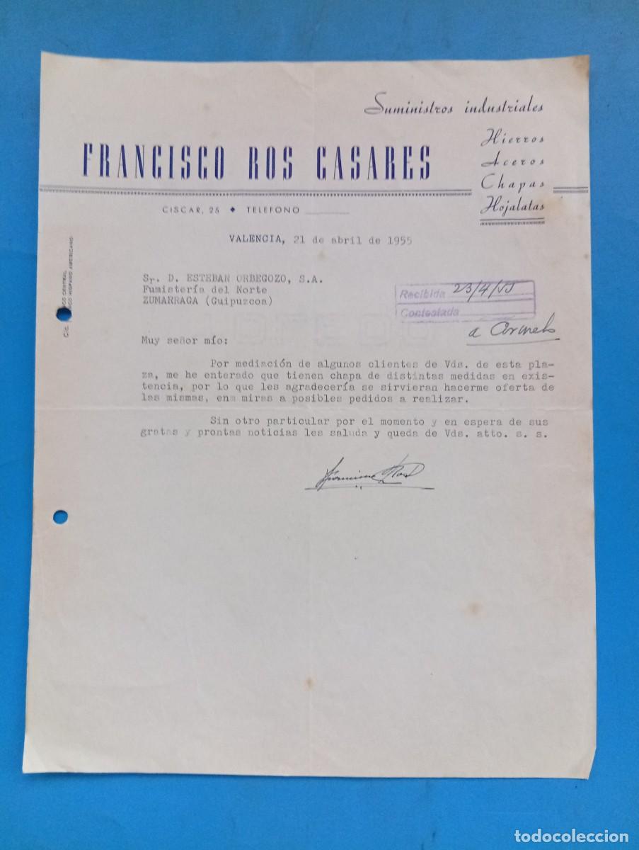 Cartas comerciales: CARTA COMERCIAL. VALENCIA. 1955. SUMINISTROS INDUSTRIALES. FRANCISCO ROS CASARES. HIERROS-ACEROS.