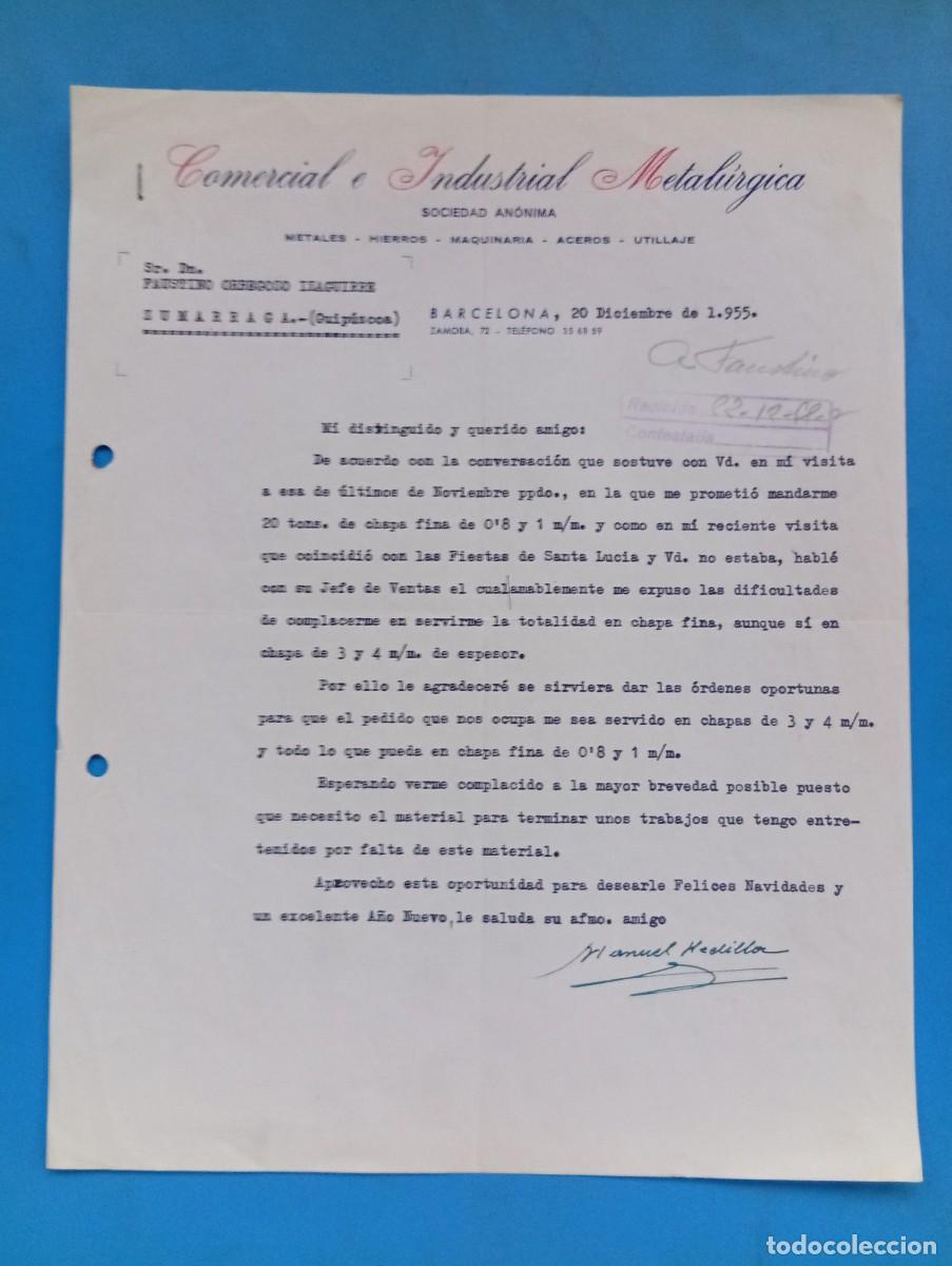 Cartas comerciales: CARTA COMERCIAL. BARCELONA. 1955. COMERCIAL E INDUSTRIAL METALURGICA, S.A.METALES-HIERROS-MAQUINARIA