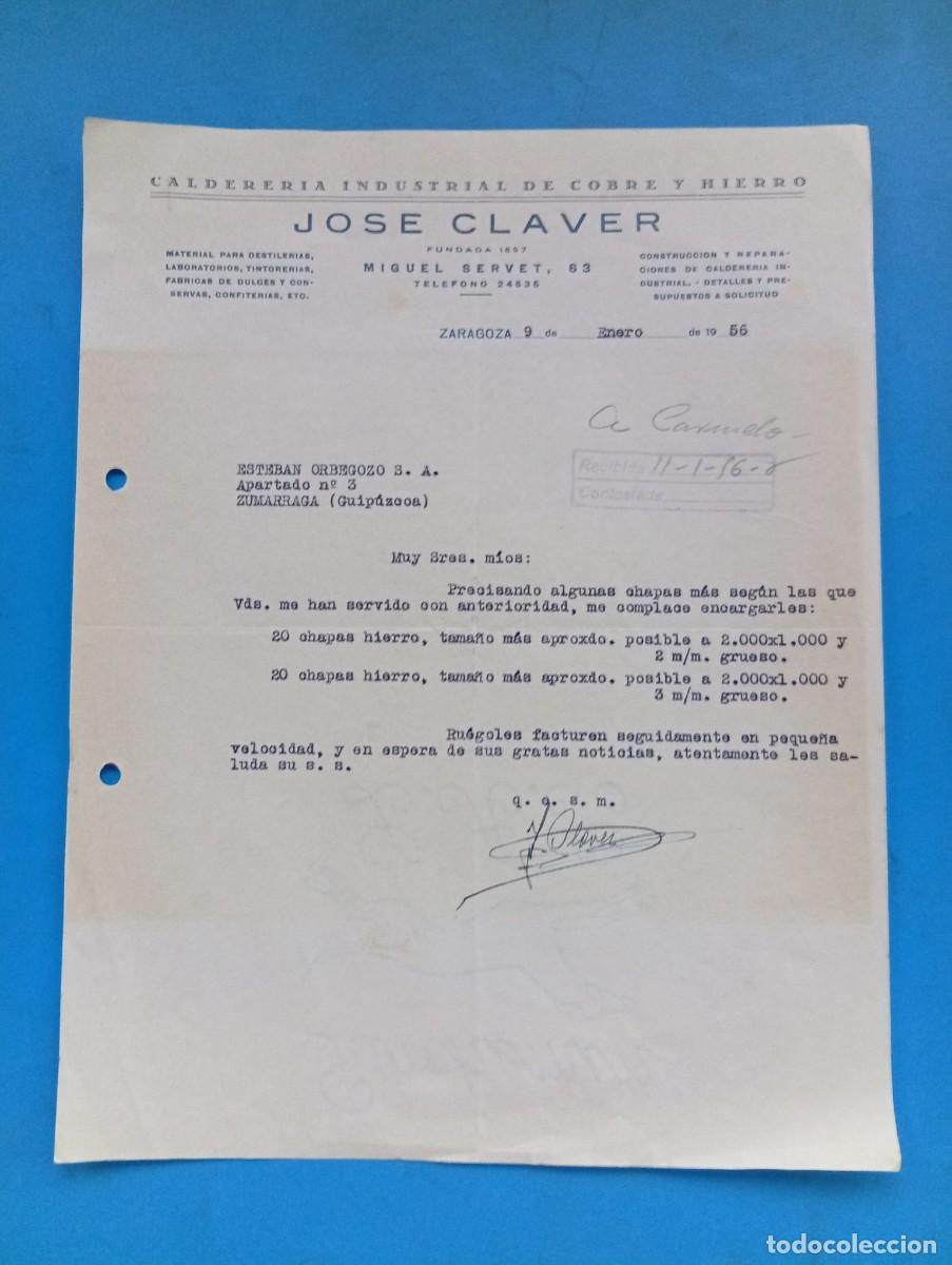 Cartas comerciales: CARTA COMERCIAL. ZARAGOZA. 1956. CALDERERIA INDUSTRIAL DE COBRE E HIERRO. JOSE CLAVER.